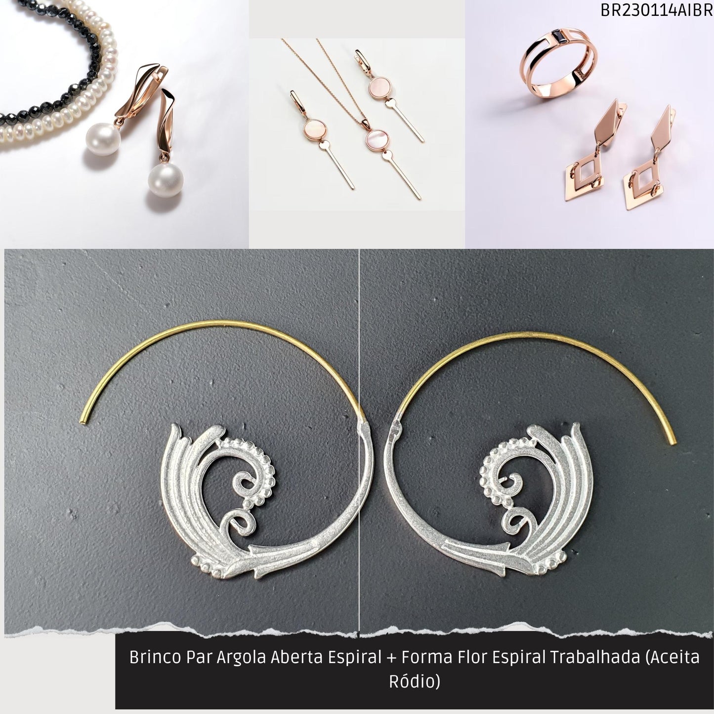 Brinco Par Argola Aberta Espiral + Forma Água Trabalhada (Aceita Ródio)  - Código.: BR230114AIBR  - Peso.: 6.0 gr