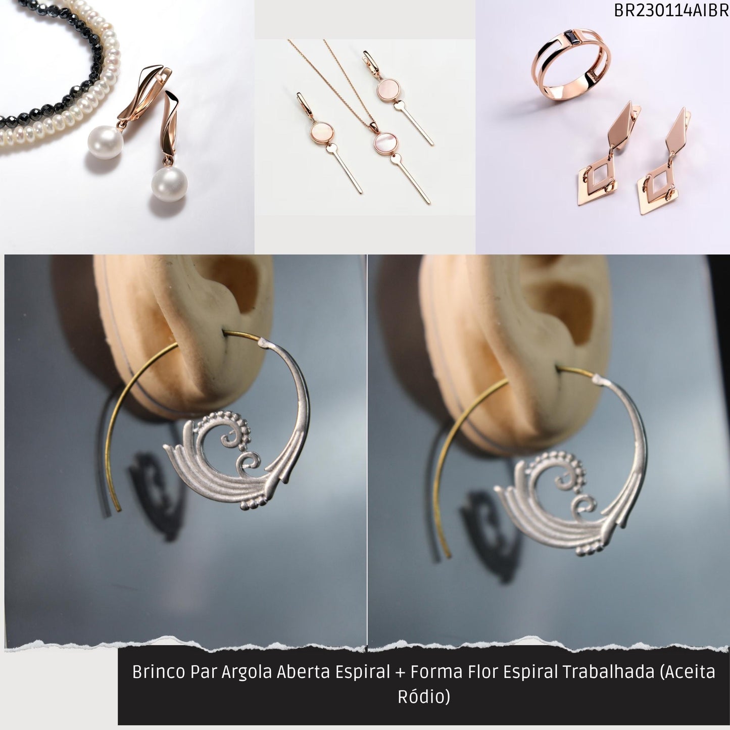 Brinco Par Argola Aberta Espiral + Forma Água Trabalhada (Aceita Ródio)  - Código.: BR230114AIBR  - Peso.: 6.0 gr