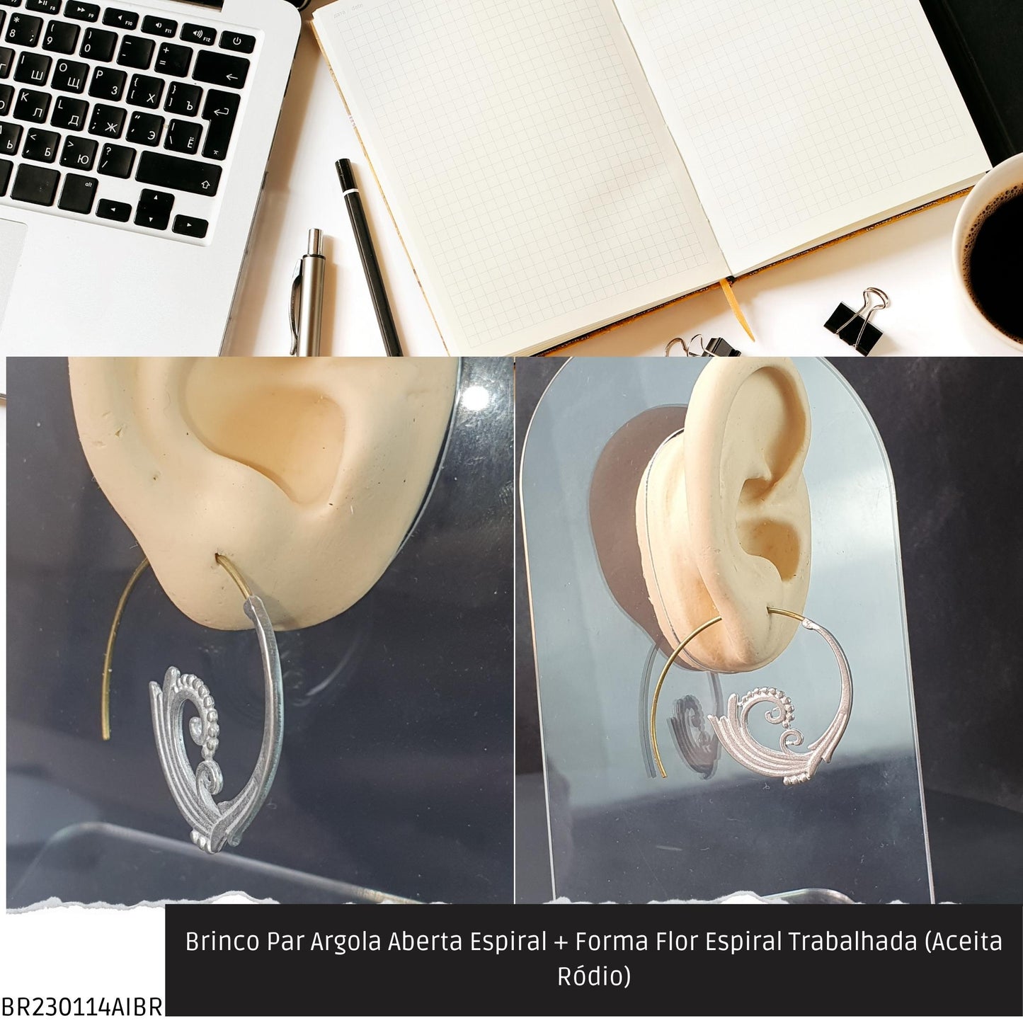 Brinco Par Argola Aberta Espiral + Forma Água Trabalhada (Aceita Ródio)  - Código.: BR230114AIBR  - Peso.: 6.0 gr