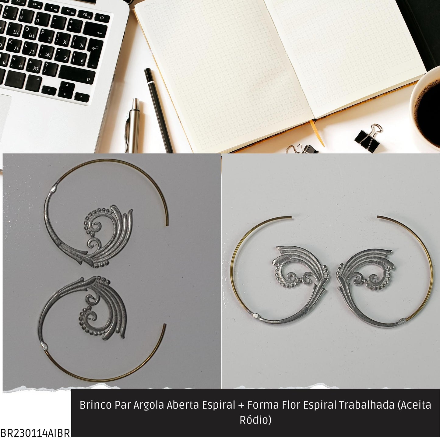 Brinco Par Argola Aberta Espiral + Forma Água Trabalhada (Aceita Ródio)  - Código.: BR230114AIBR  - Peso.: 6.0 gr