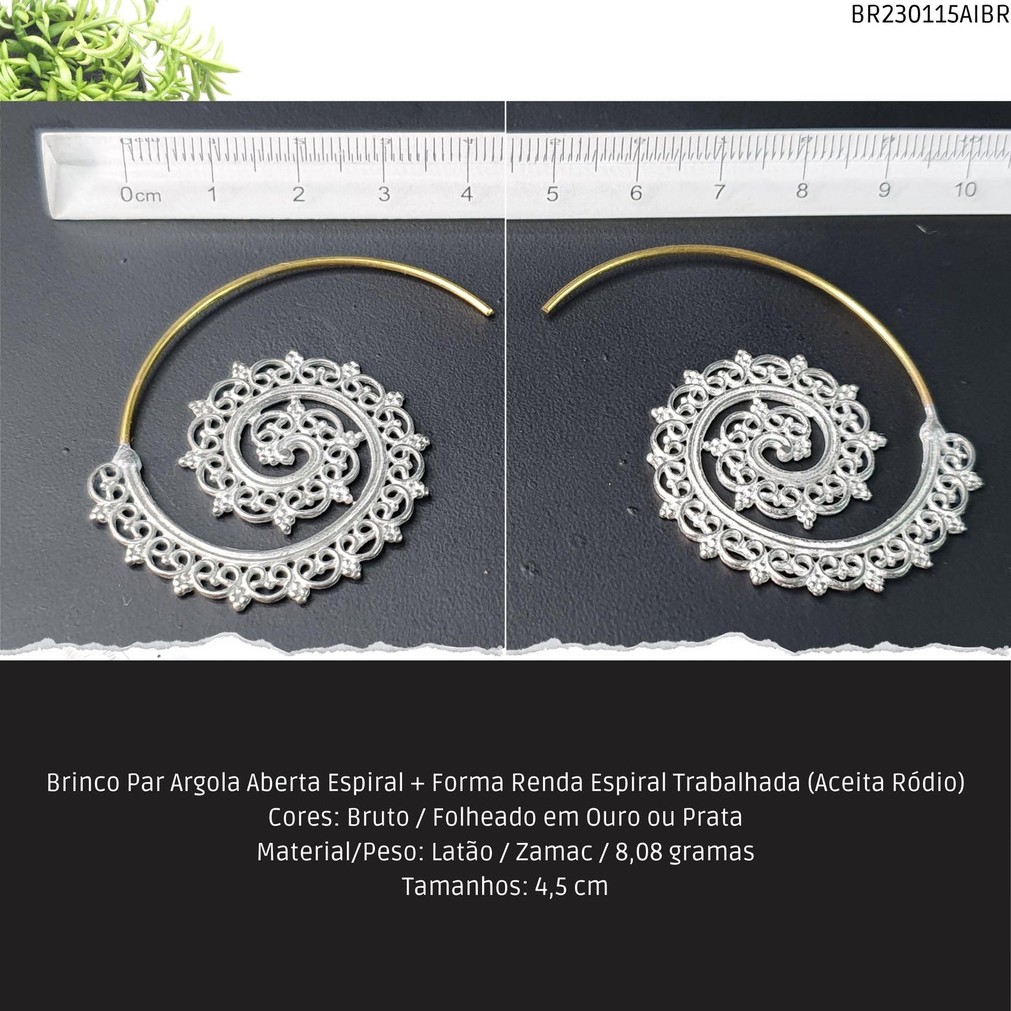 Brinco Par Argola Aberta Espiral + Forma Renda Trabalhada (Aceita Ródio)  - Código.: BR230115AIBR  - Peso.: 8.1 gr