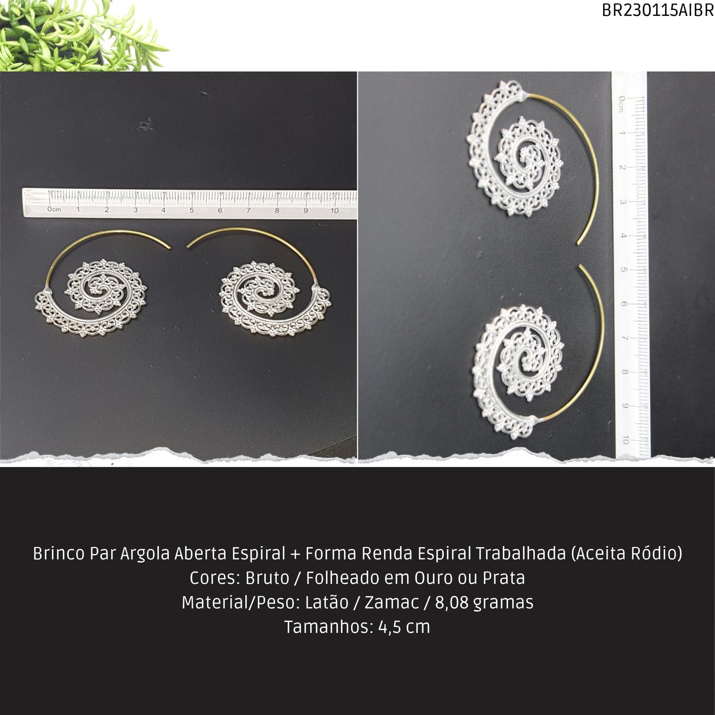 Brinco Par Argola Aberta Espiral + Forma Renda Trabalhada (Aceita Ródio)  - Código.: BR230115AIBR  - Peso.: 8.1 gr