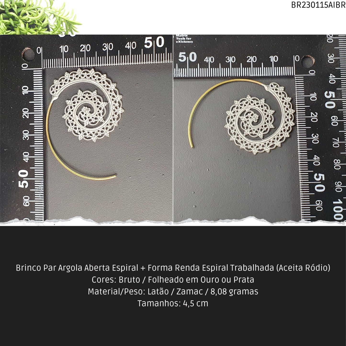 Brinco Par Argola Aberta Espiral + Forma Renda Trabalhada (Aceita Ródio)  - Código.: BR230115AIBR  - Peso.: 8.1 gr