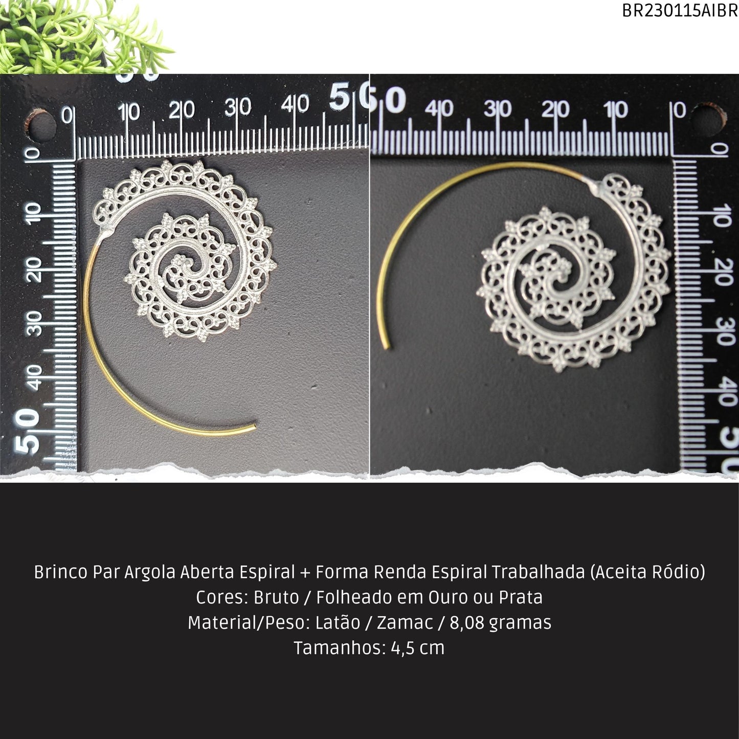 Brinco Par Argola Aberta Espiral + Forma Renda Trabalhada (Aceita Ródio)  - Código.: BR230115AIBR  - Peso.: 8.1 gr