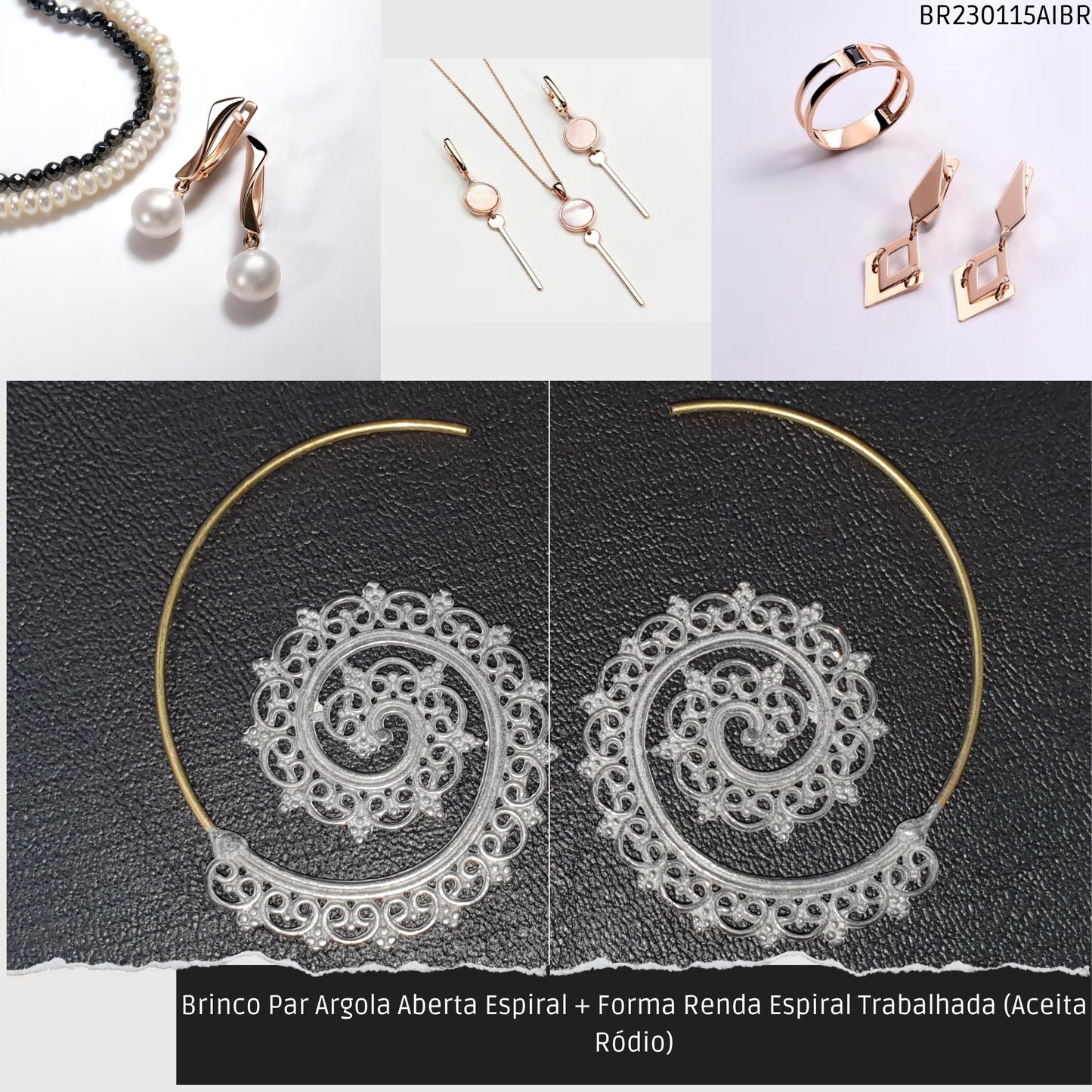 Brinco Par Argola Aberta Espiral + Forma Renda Trabalhada (Aceita Ródio)  - Código.: BR230115AIBR  - Peso.: 8.1 gr
