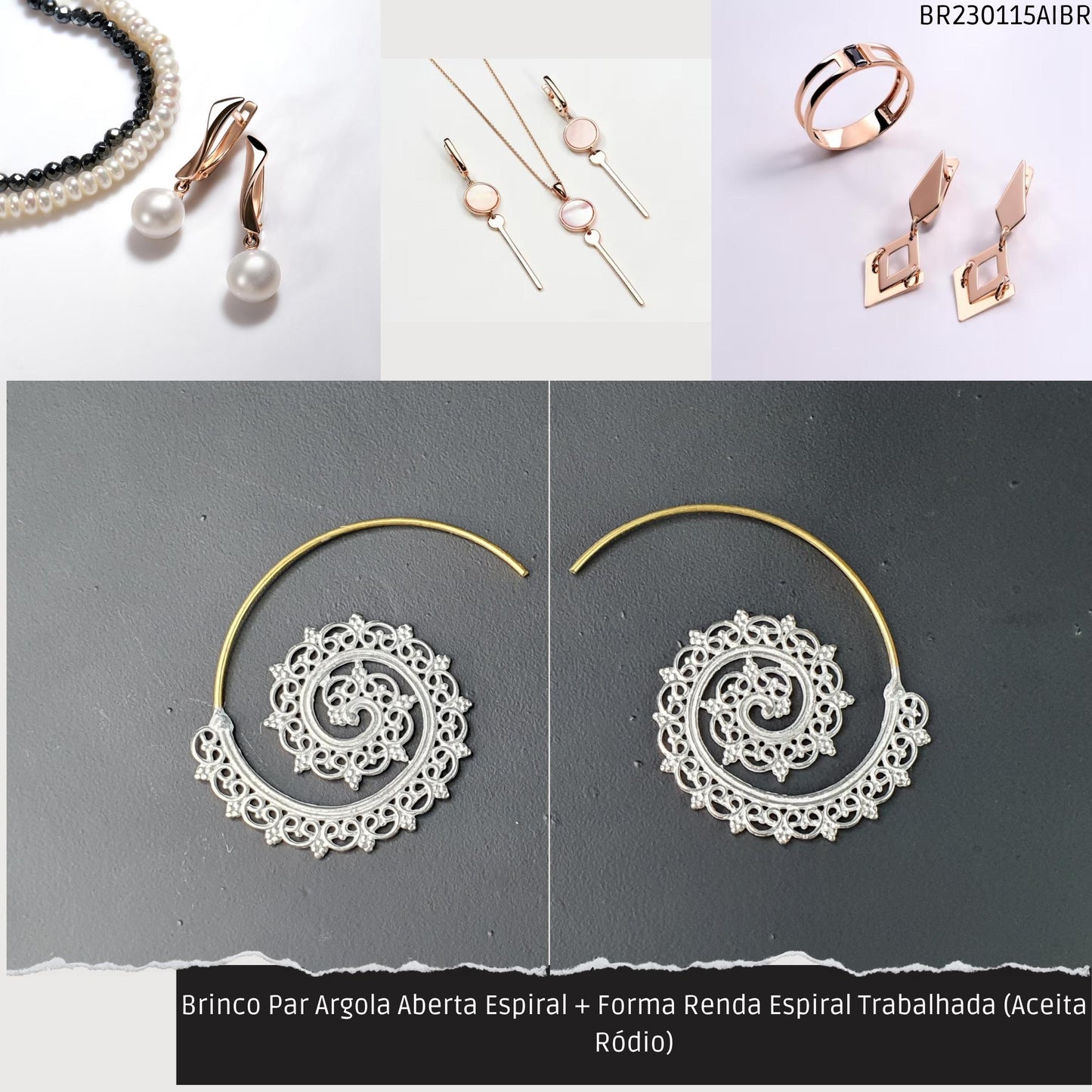 Brinco Par Argola Aberta Espiral + Forma Renda Trabalhada (Aceita Ródio)  - Código.: BR230115AIBR  - Peso.: 8.1 gr
