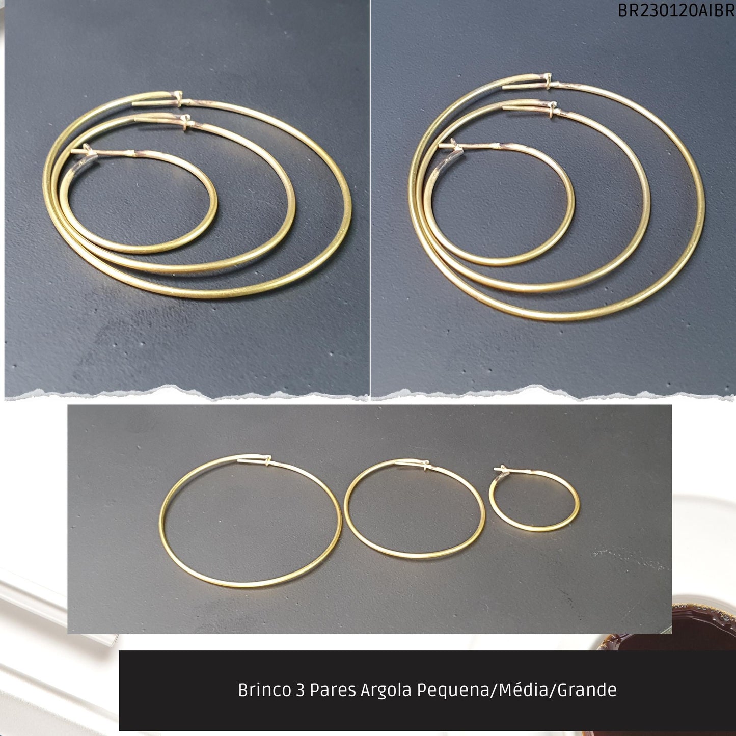 Brinco 3 Pares Argola Pequena/Média/Grande  - Código.: BR230120AIBR  - Peso.: 7.0 gr