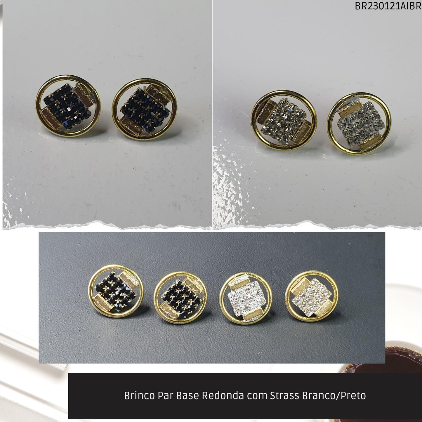 Brinco Par Base Redonda com Strass Branco/Preto  - Código.: BR230121AIBR  - Peso.: 2.3 gr