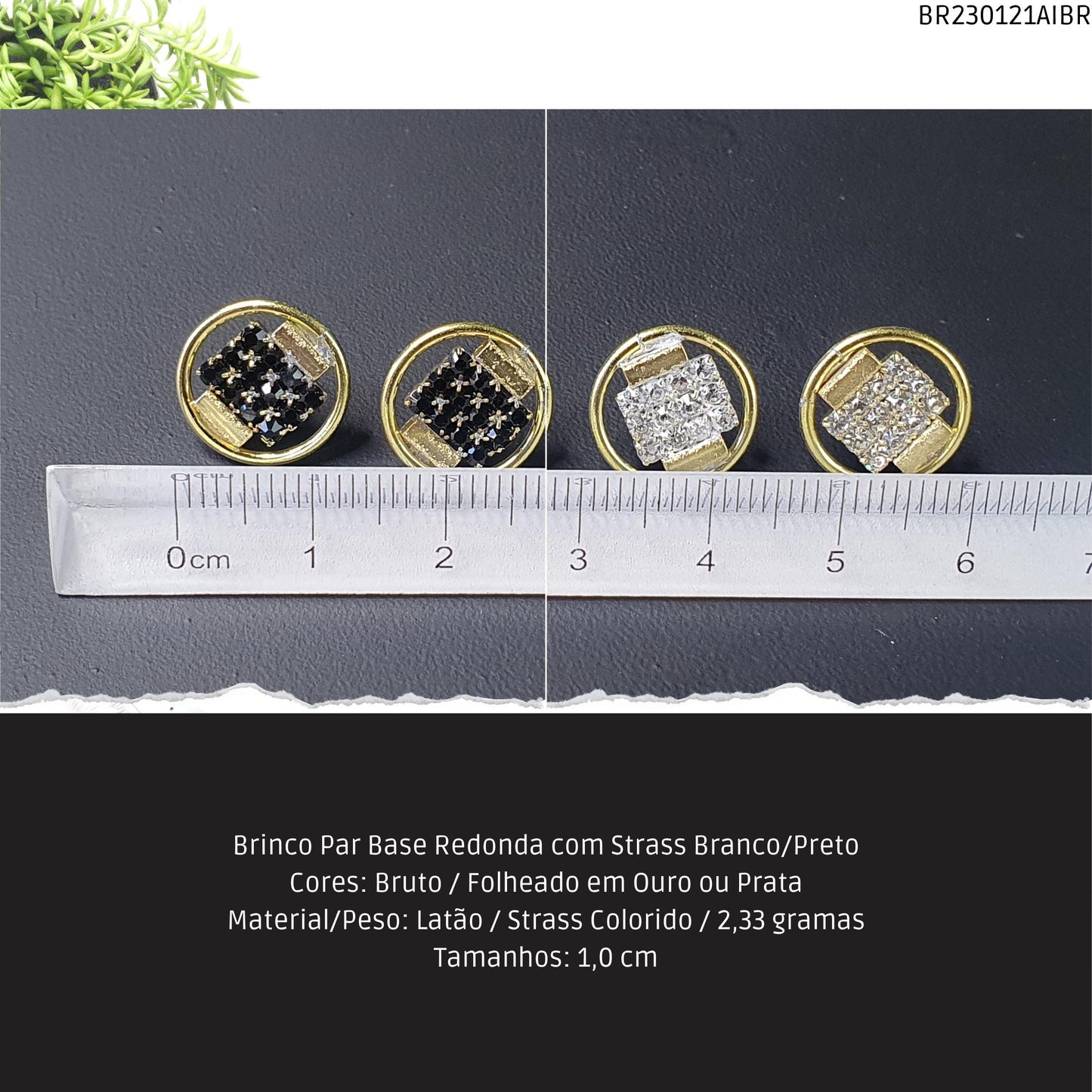 Brinco Par Base Redonda com Strass Branco/Preto  - Código.: BR230121AIBR  - Peso.: 2.3 gr