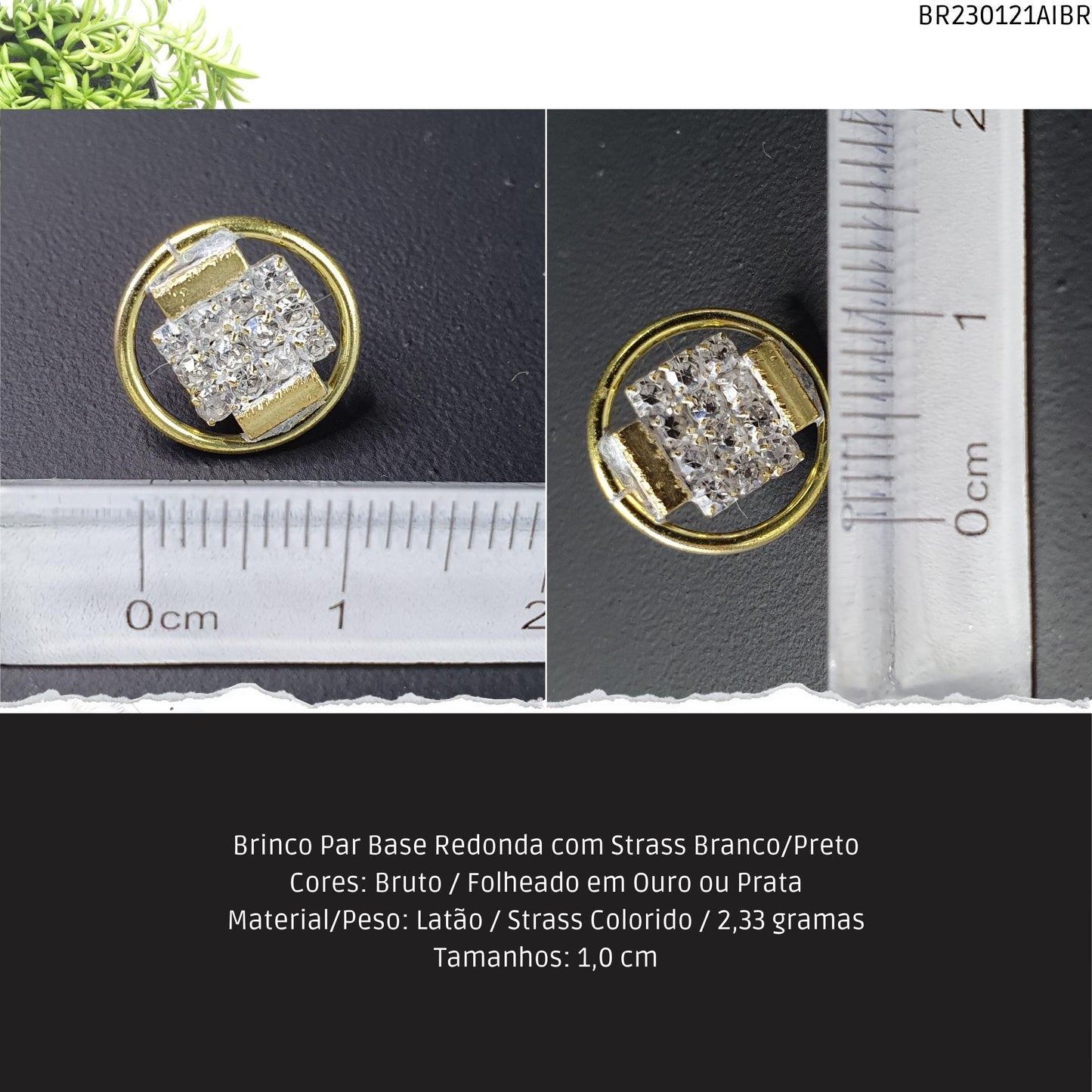 Brinco Par Base Redonda com Strass Branco/Preto  - Código.: BR230121AIBR  - Peso.: 2.3 gr