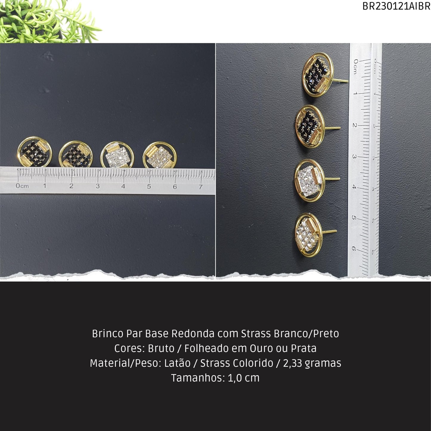 Brinco Par Base Redonda com Strass Branco/Preto  - Código.: BR230121AIBR  - Peso.: 2.3 gr