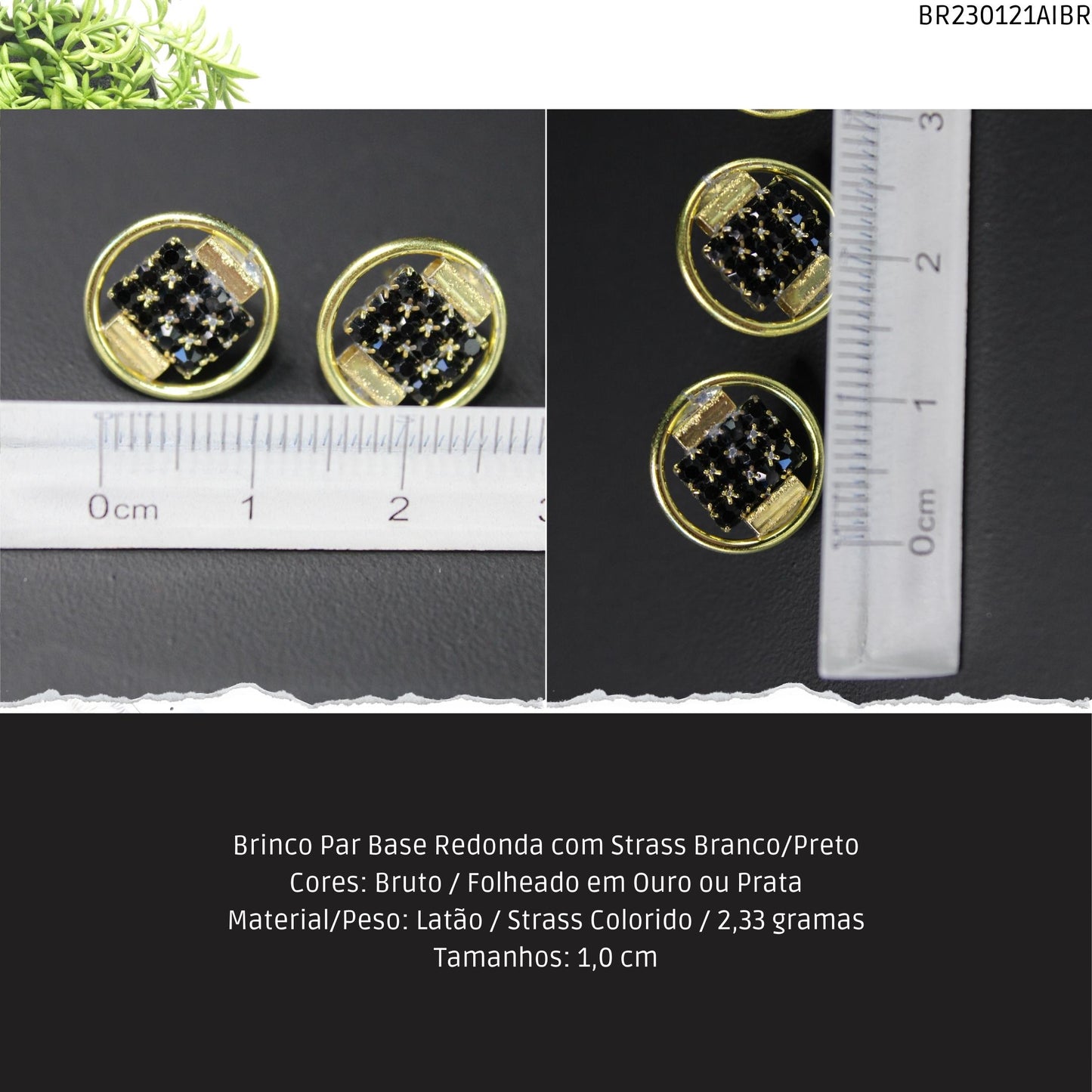 Brinco Par Base Redonda com Strass Branco/Preto  - Código.: BR230121AIBR  - Peso.: 2.3 gr