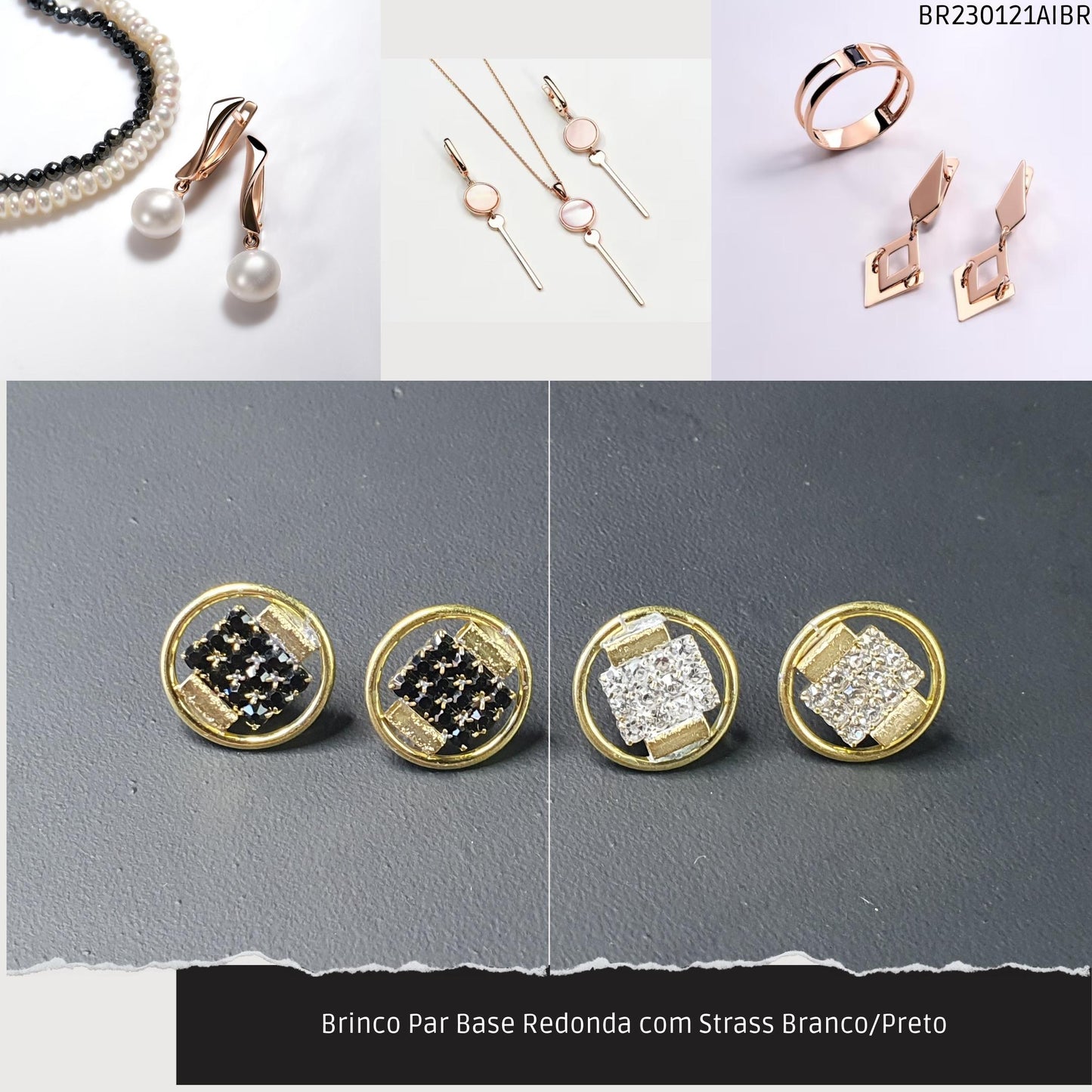 Brinco Par Base Redonda com Strass Branco/Preto  - Código.: BR230121AIBR  - Peso.: 2.3 gr