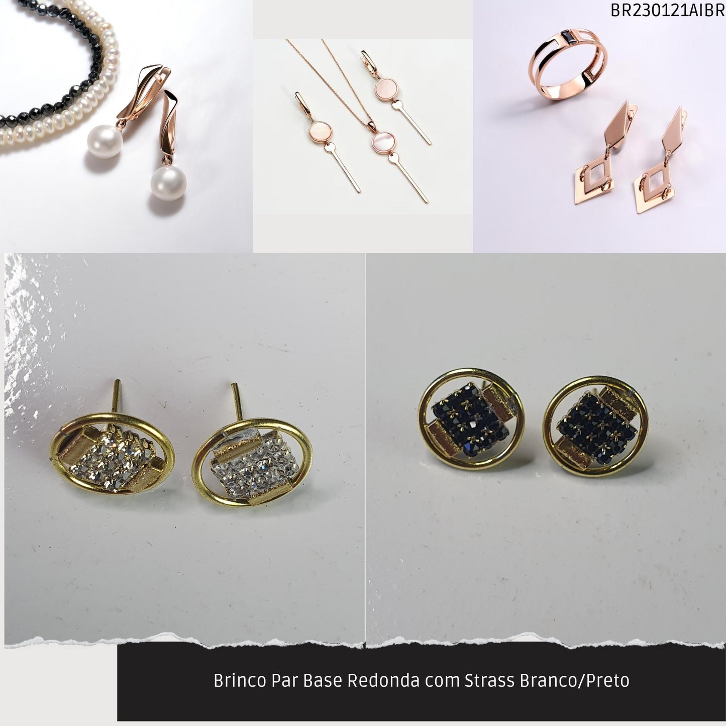 Brinco Par Base Redonda com Strass Branco/Preto  - Código.: BR230121AIBR  - Peso.: 2.3 gr