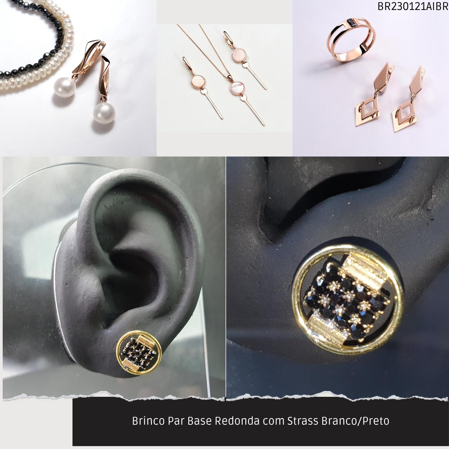 Brinco Par Base Redonda com Strass Branco/Preto  - Código.: BR230121AIBR  - Peso.: 2.3 gr