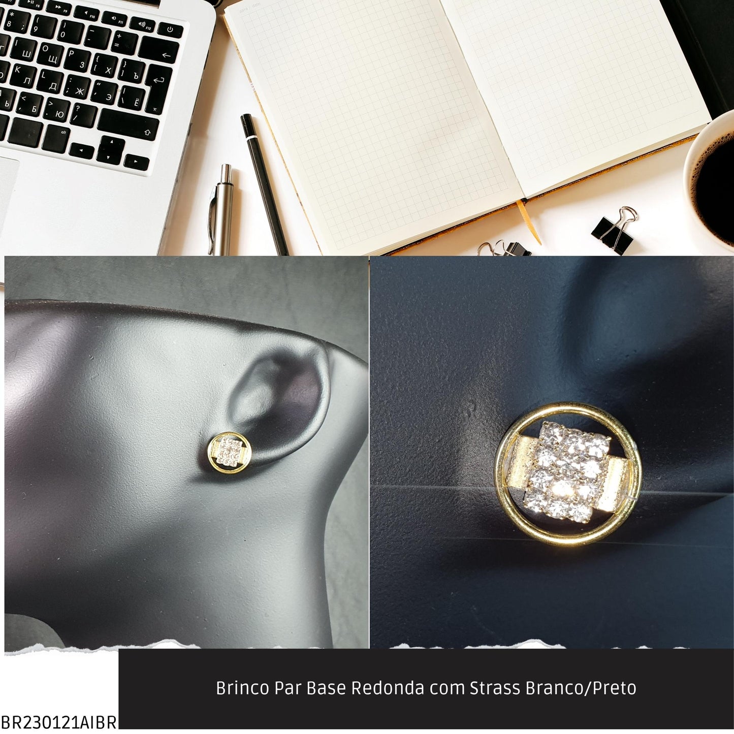 Brinco Par Base Redonda com Strass Branco/Preto  - Código.: BR230121AIBR  - Peso.: 2.3 gr