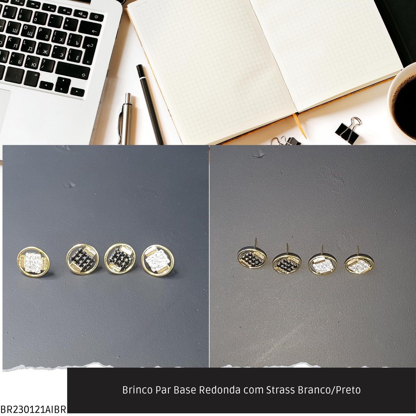 Brinco Par Base Redonda com Strass Branco/Preto  - Código.: BR230121AIBR  - Peso.: 2.3 gr