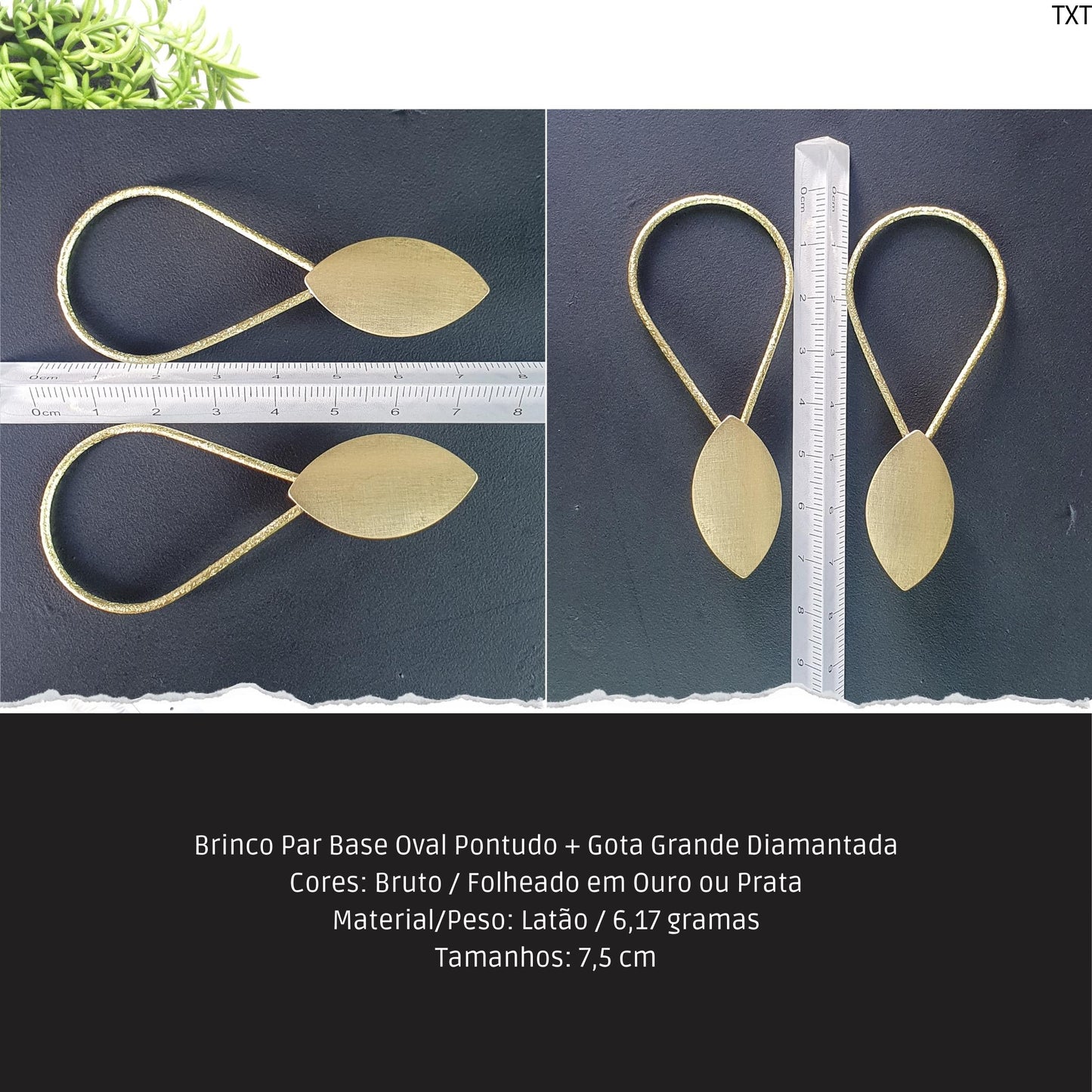 Brinco Par Base Oval Pontudo + Gota Grande Diamantada  - Código.: BR230125AIBR  - Peso.: 6.2 gr