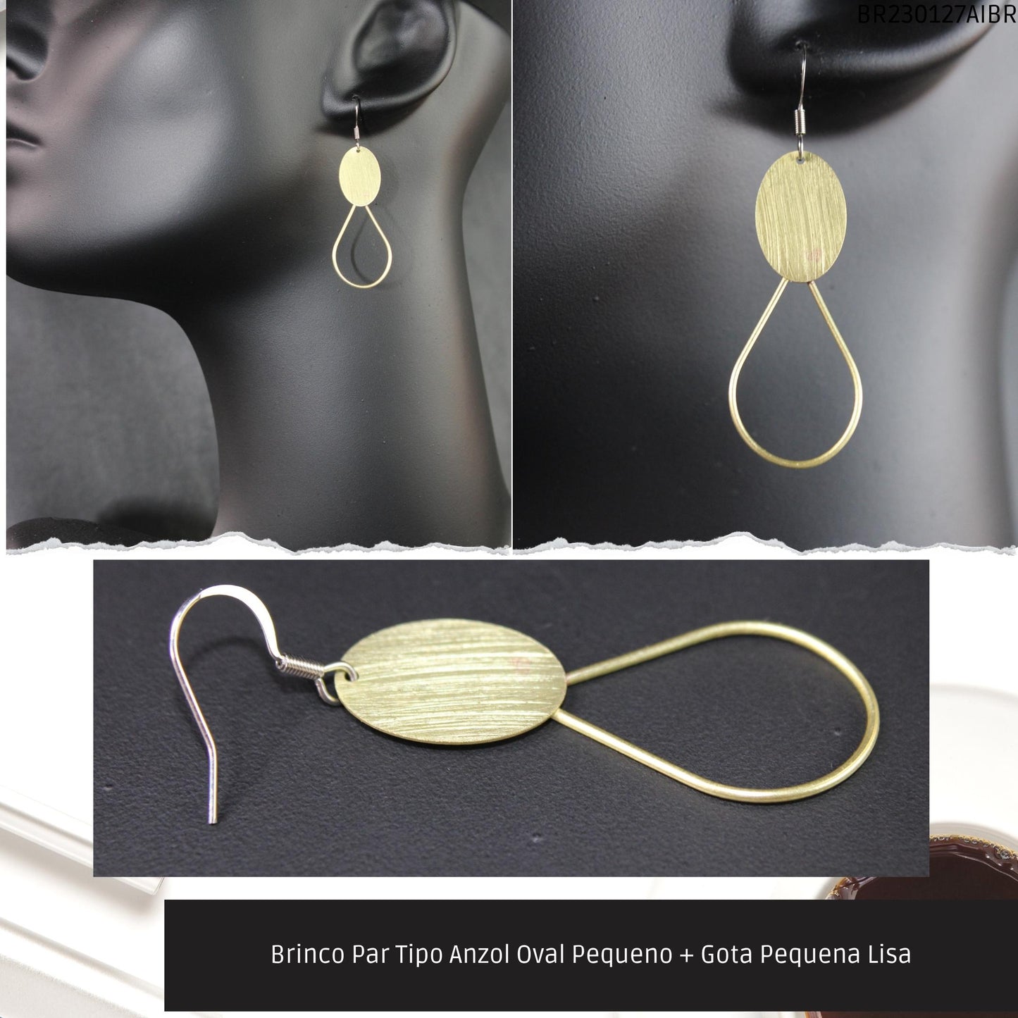 Brinco Par Tipo Anzol Oval Pequeno + Gota Pequena Lisa  - Código.: BR230127AIBR  - Peso.: 2.7 gr