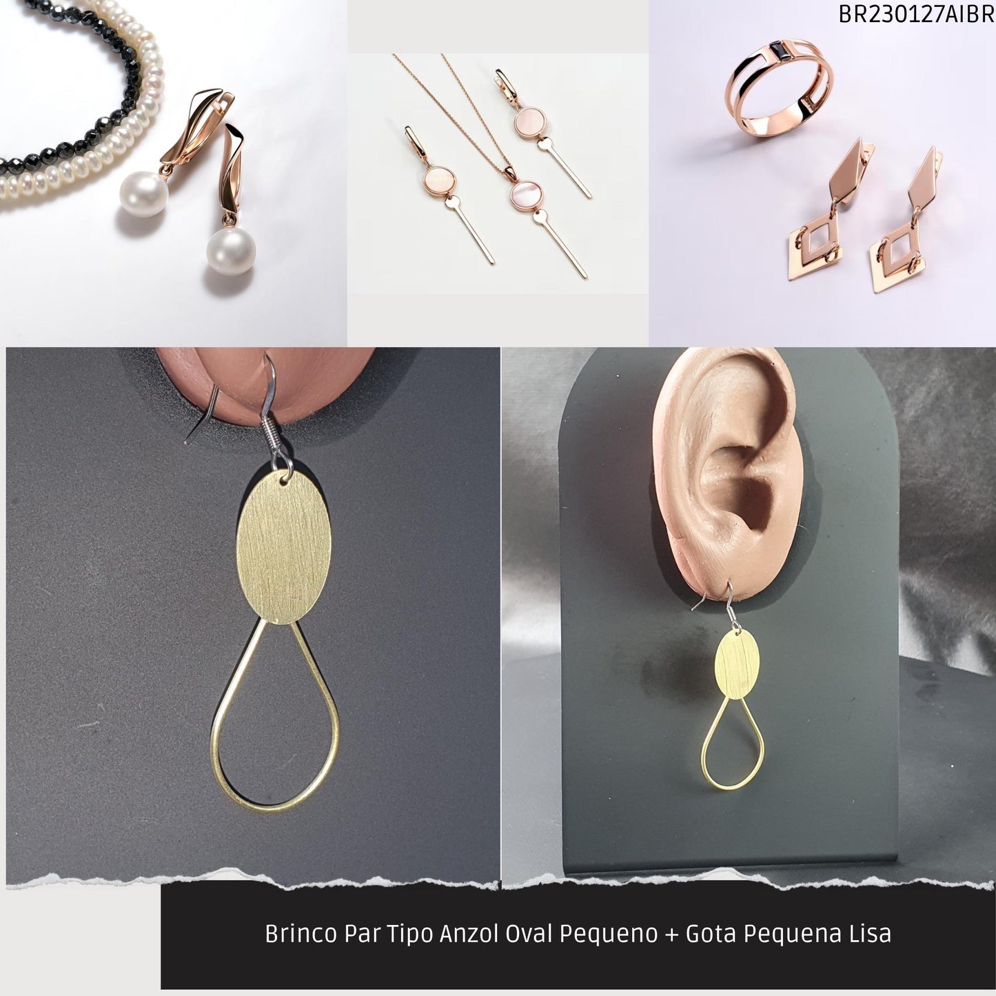 Brinco Par Tipo Anzol Oval Pequeno + Gota Pequena Lisa  - Código.: BR230127AIBR  - Peso.: 2.7 gr