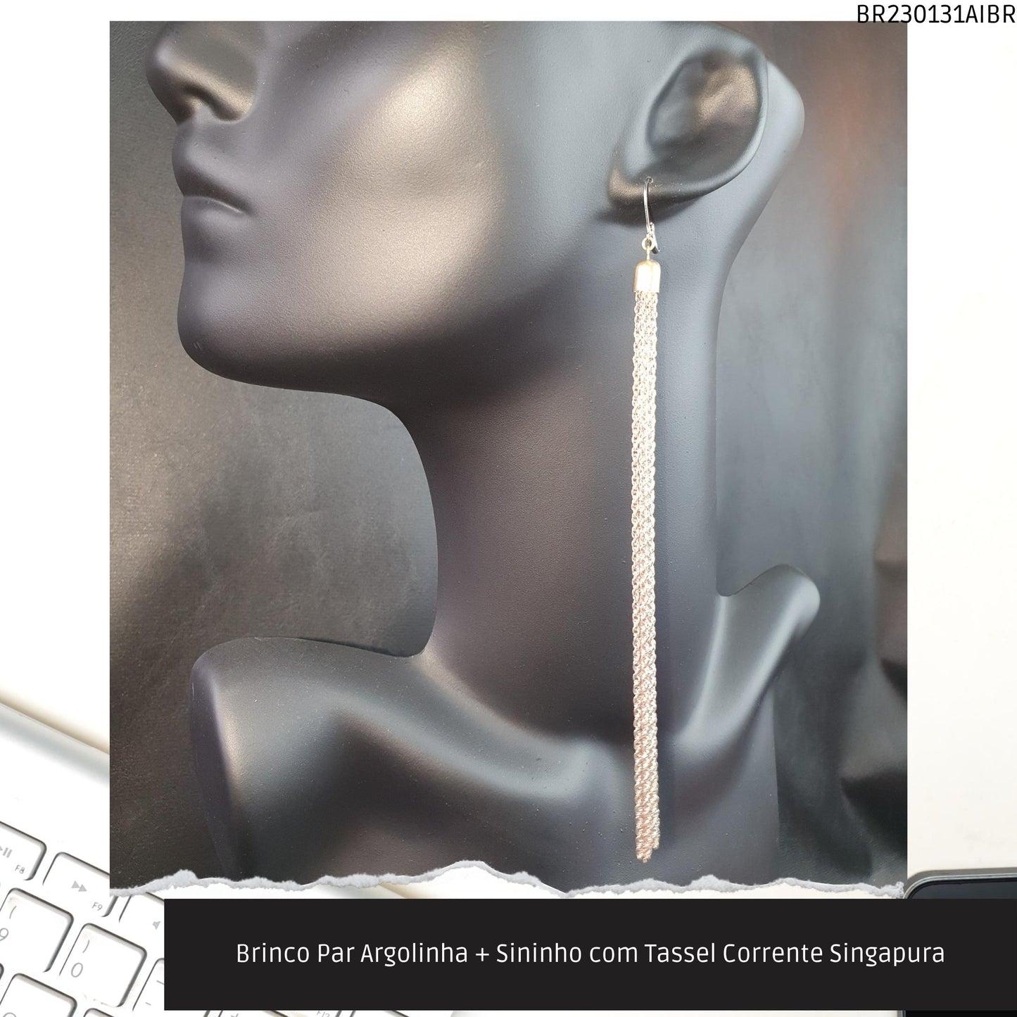 Brinco Par Argolinha + Sininho com Tassel Corrente Singapura  - Código.: BR230131AIBR  - Peso.: 13.8 gr