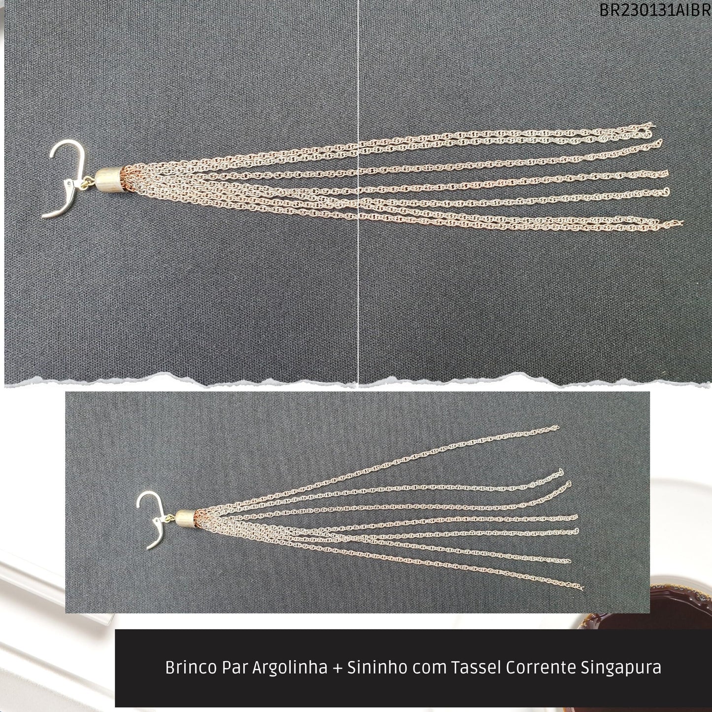 Brinco Par Argolinha + Sininho com Tassel Corrente Singapura  - Código.: BR230131AIBR  - Peso.: 13.8 gr