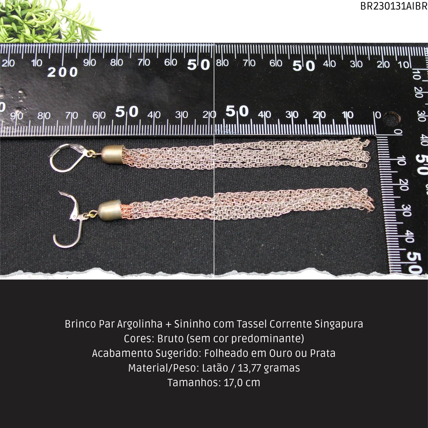 Brinco Par Argolinha + Sininho com Tassel Corrente Singapura  - Código.: BR230131AIBR  - Peso.: 13.8 gr