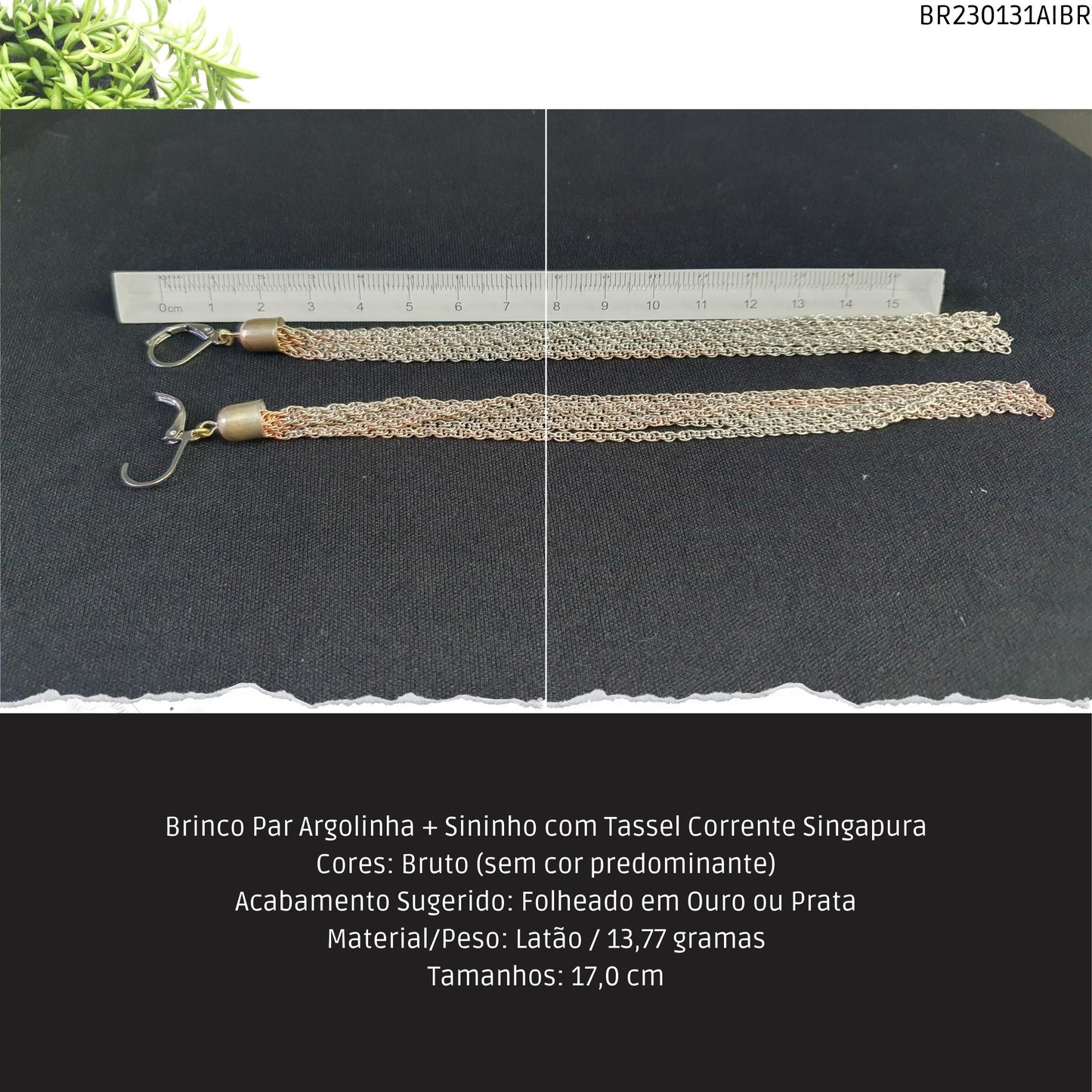 Brinco Par Argolinha + Sininho com Tassel Corrente Singapura  - Código.: BR230131AIBR  - Peso.: 13.8 gr