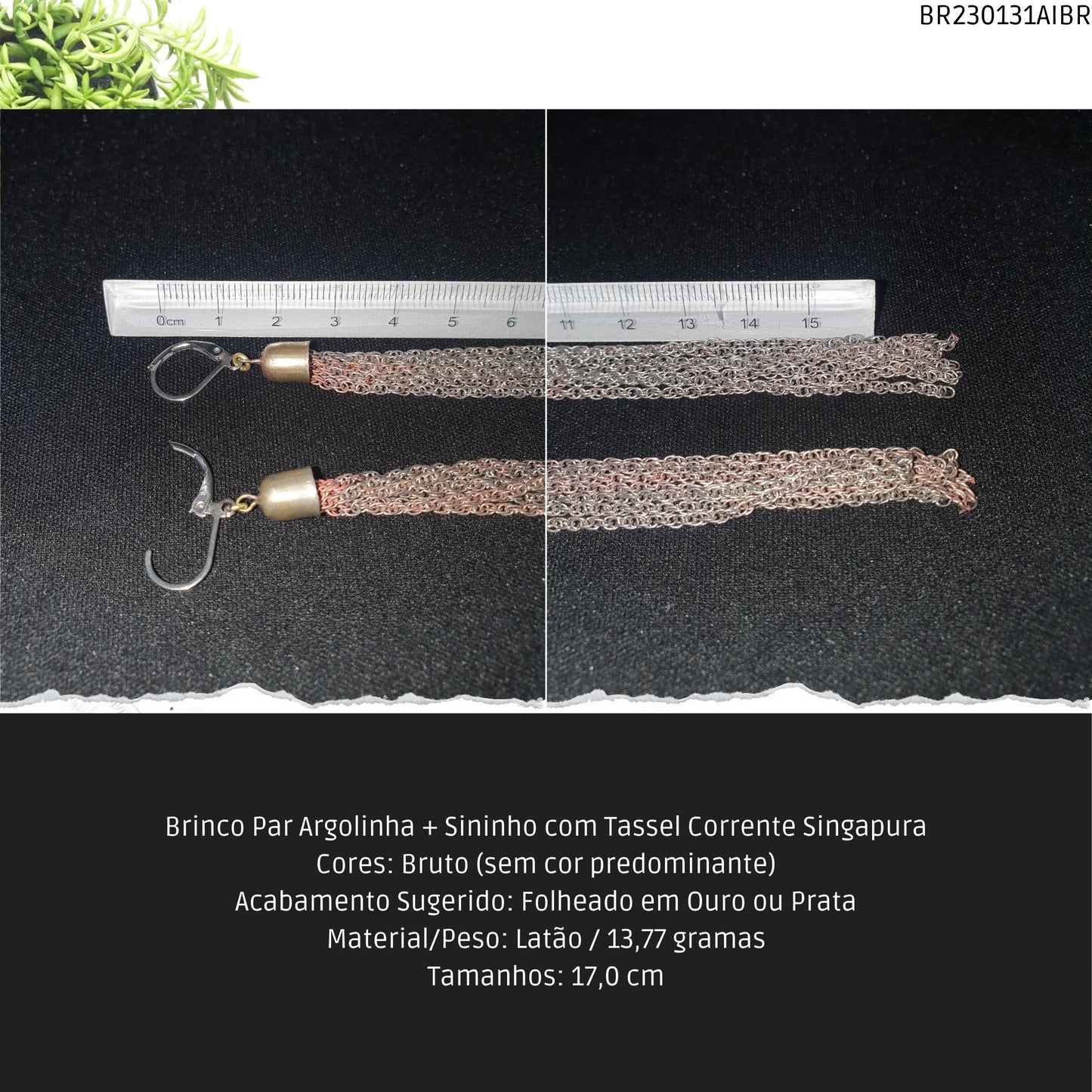 Brinco Par Argolinha + Sininho com Tassel Corrente Singapura  - Código.: BR230131AIBR  - Peso.: 13.8 gr