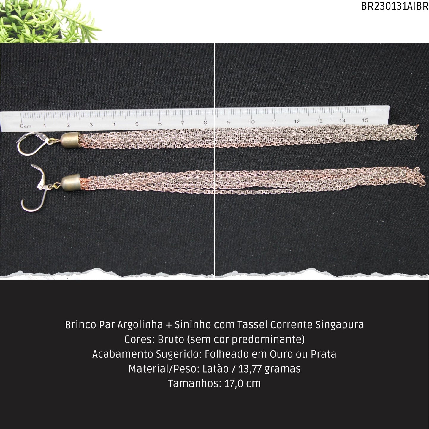 Brinco Par Argolinha + Sininho com Tassel Corrente Singapura  - Código.: BR230131AIBR  - Peso.: 13.8 gr