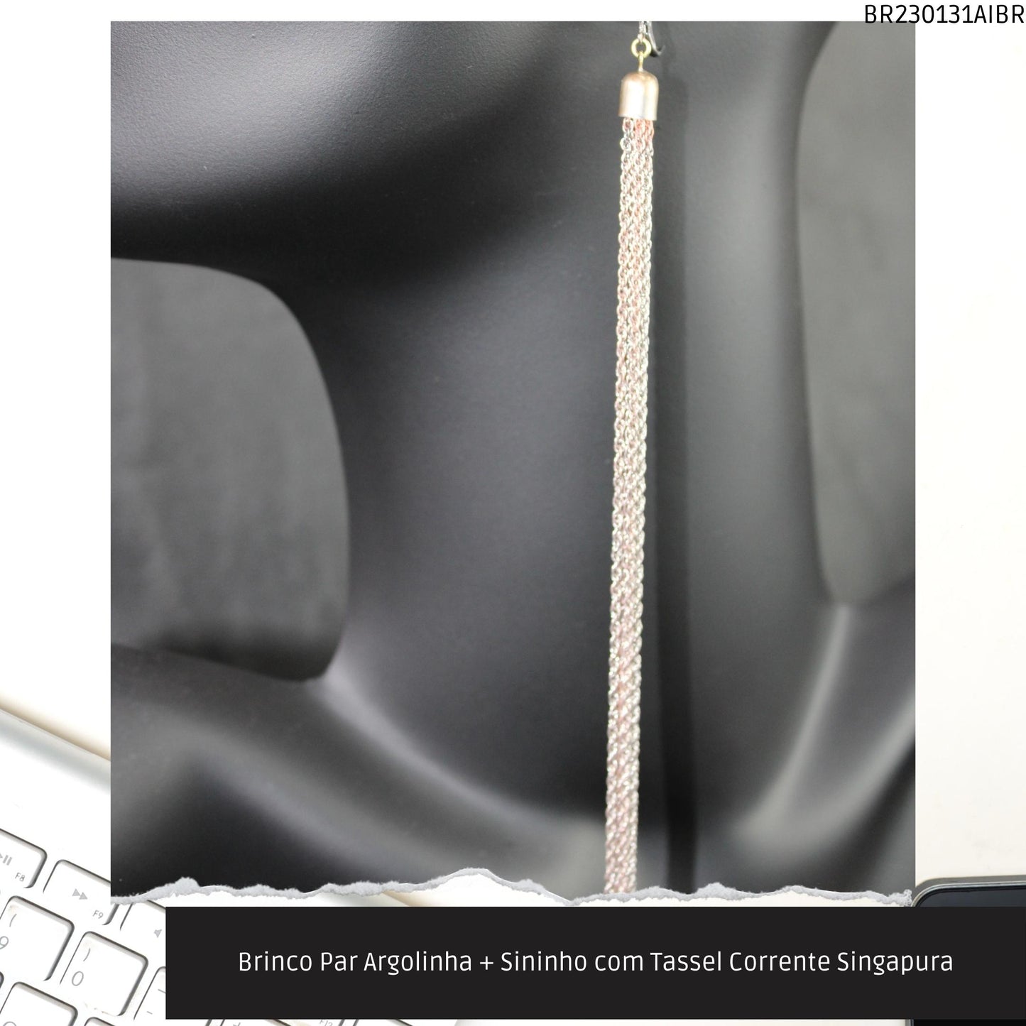 Brinco Par Argolinha + Sininho com Tassel Corrente Singapura  - Código.: BR230131AIBR  - Peso.: 13.8 gr