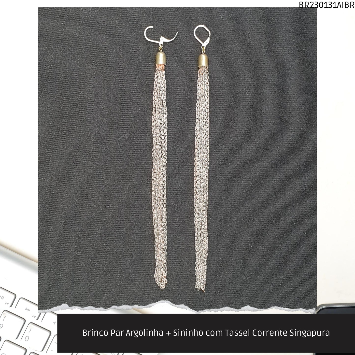 Brinco Par Argolinha + Sininho com Tassel Corrente Singapura  - Código.: BR230131AIBR  - Peso.: 13.8 gr