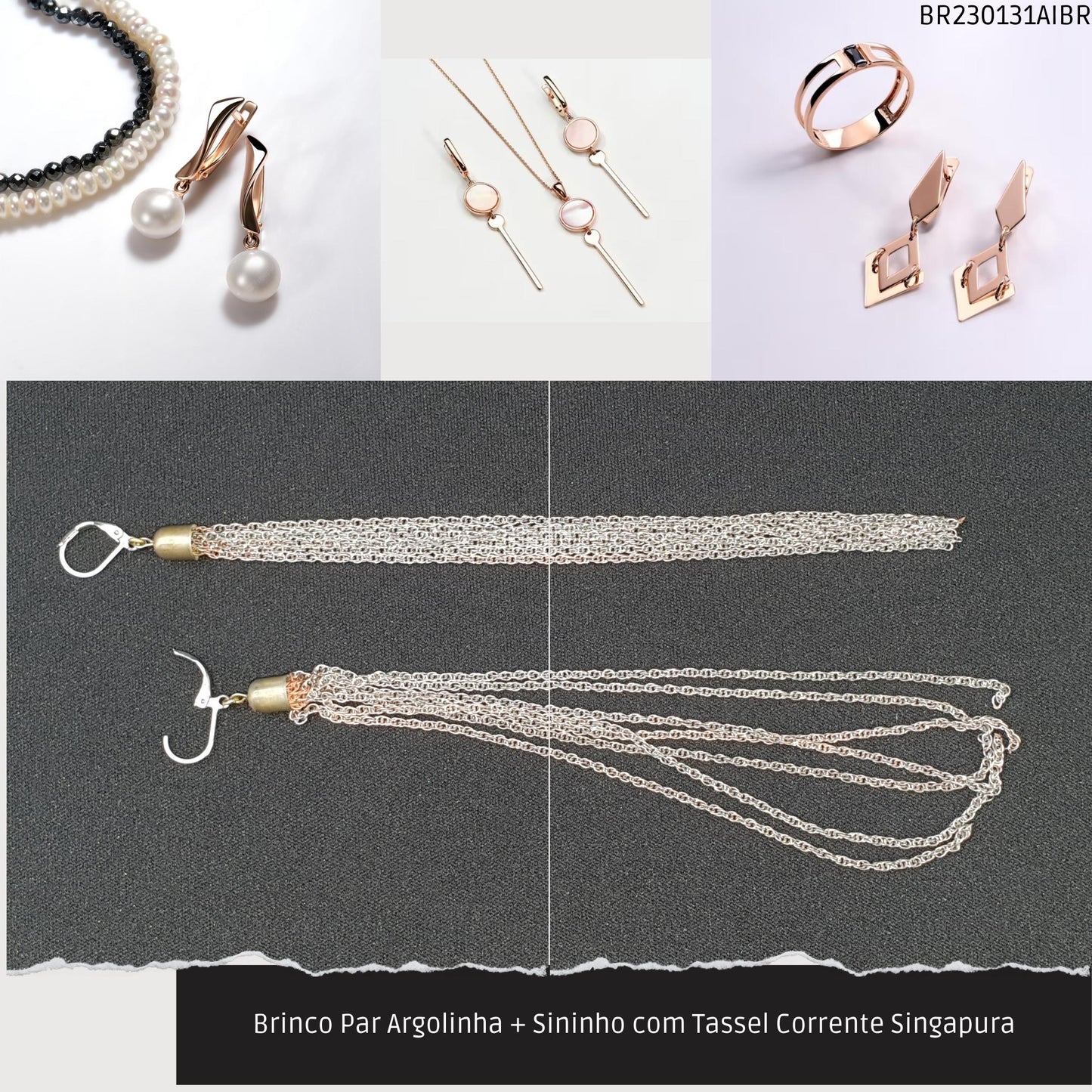 Brinco Par Argolinha + Sininho com Tassel Corrente Singapura  - Código.: BR230131AIBR  - Peso.: 13.8 gr