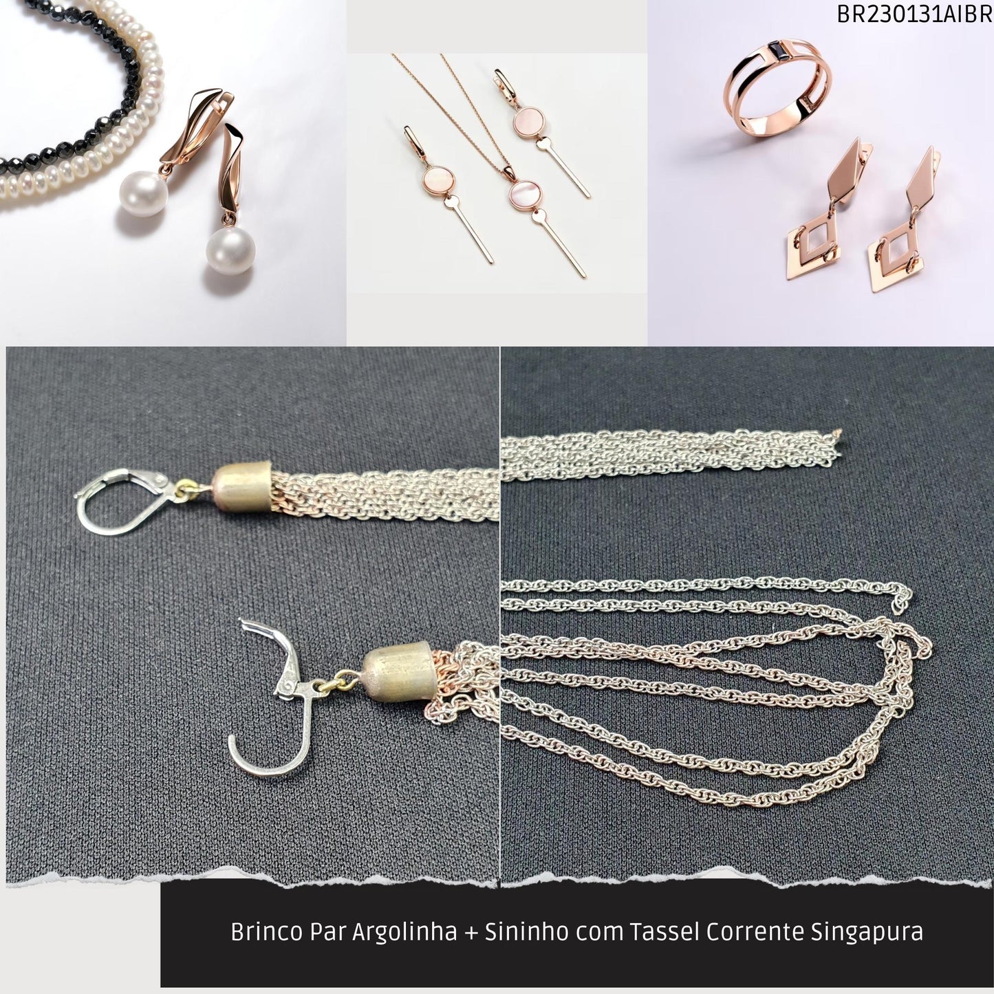 Brinco Par Argolinha + Sininho com Tassel Corrente Singapura  - Código.: BR230131AIBR  - Peso.: 13.8 gr