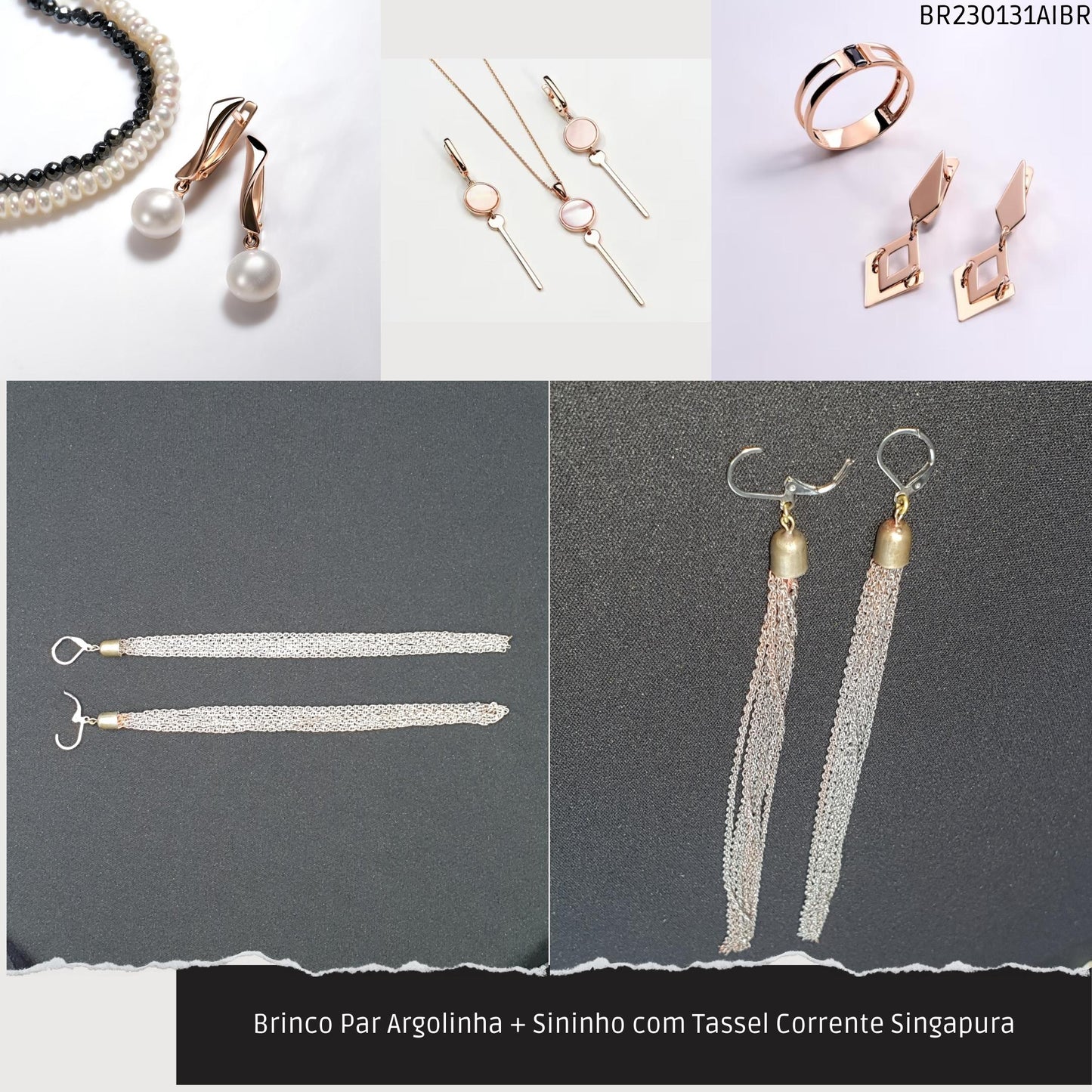 Brinco Par Argolinha + Sininho com Tassel Corrente Singapura  - Código.: BR230131AIBR  - Peso.: 13.8 gr
