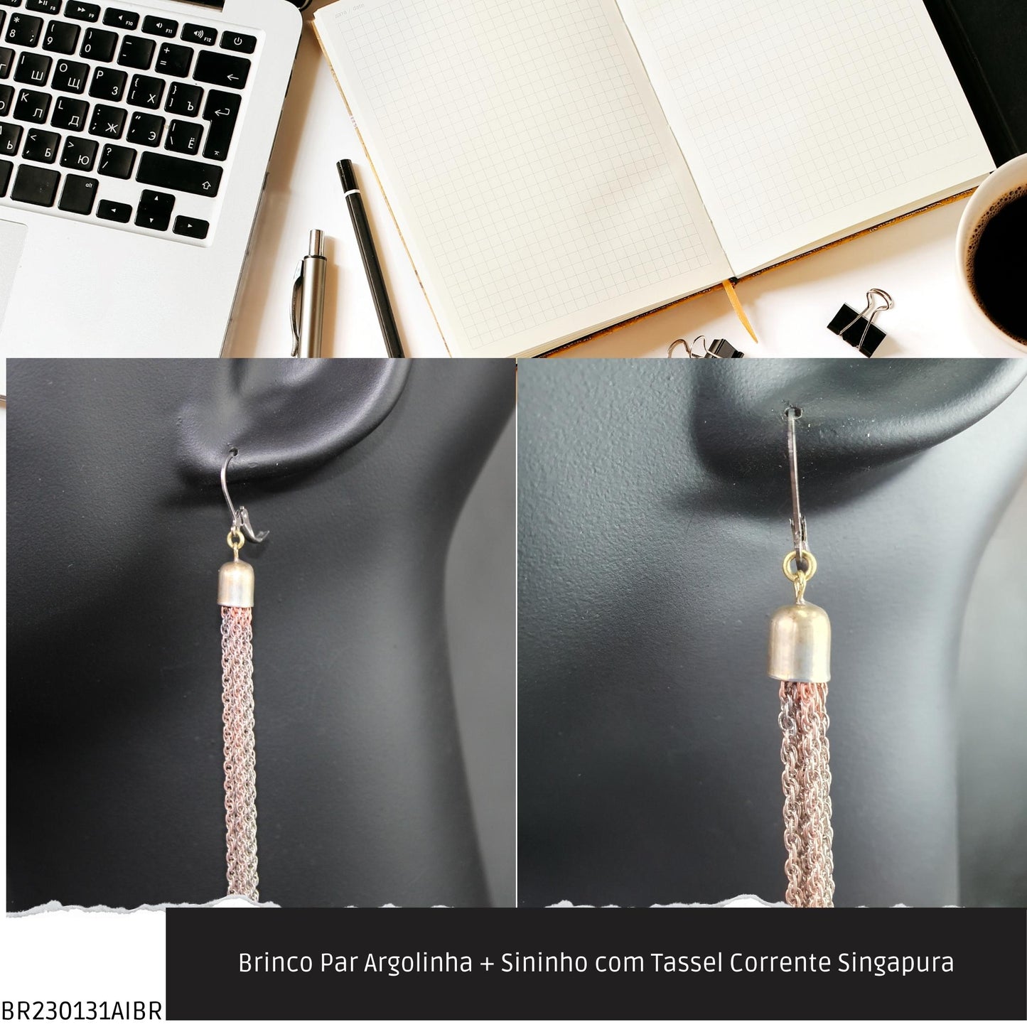 Brinco Par Argolinha + Sininho com Tassel Corrente Singapura  - Código.: BR230131AIBR  - Peso.: 13.8 gr