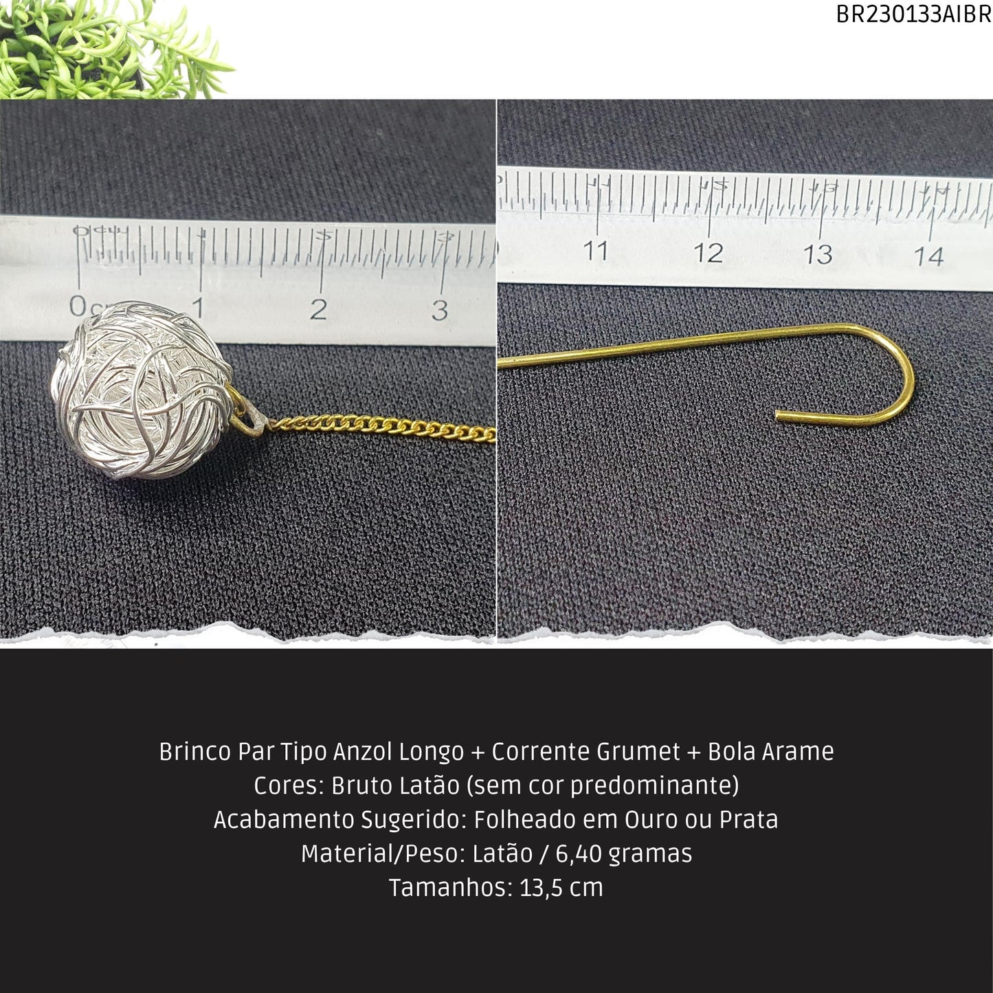 Brinco Par Tipo Anzol Longo + Corrente Grumet + Bola Arame  - Código.: BR230133AIBR  - Peso.: 6.4 gr
