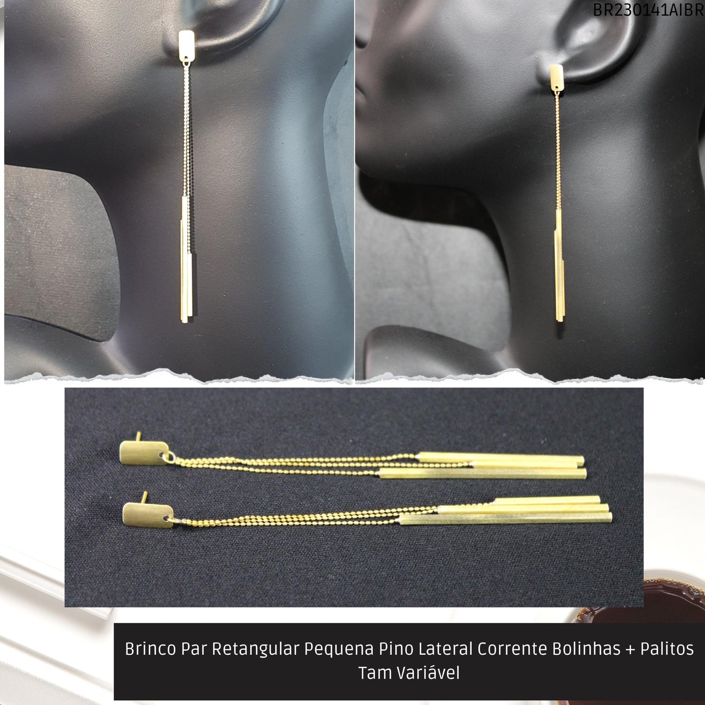 Brinco Par Retangular Pequena Pino Lateral Corrente Bolinhas + Palitos Tam Variável  - Código.: BR230141AIBR  - Peso.: 8.1 gr