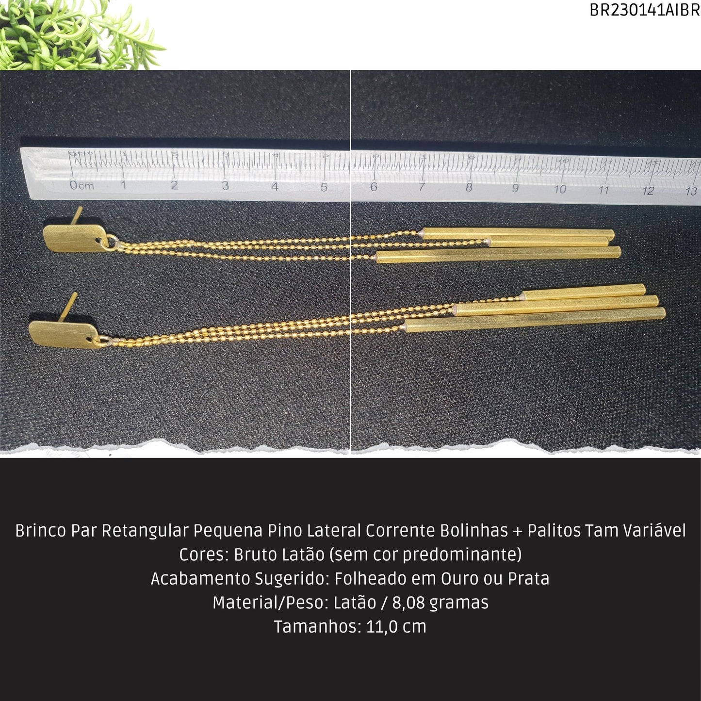 Brinco Par Retangular Pequena Pino Lateral Corrente Bolinhas + Palitos Tam Variável  - Código.: BR230141AIBR  - Peso.: 8.1 gr