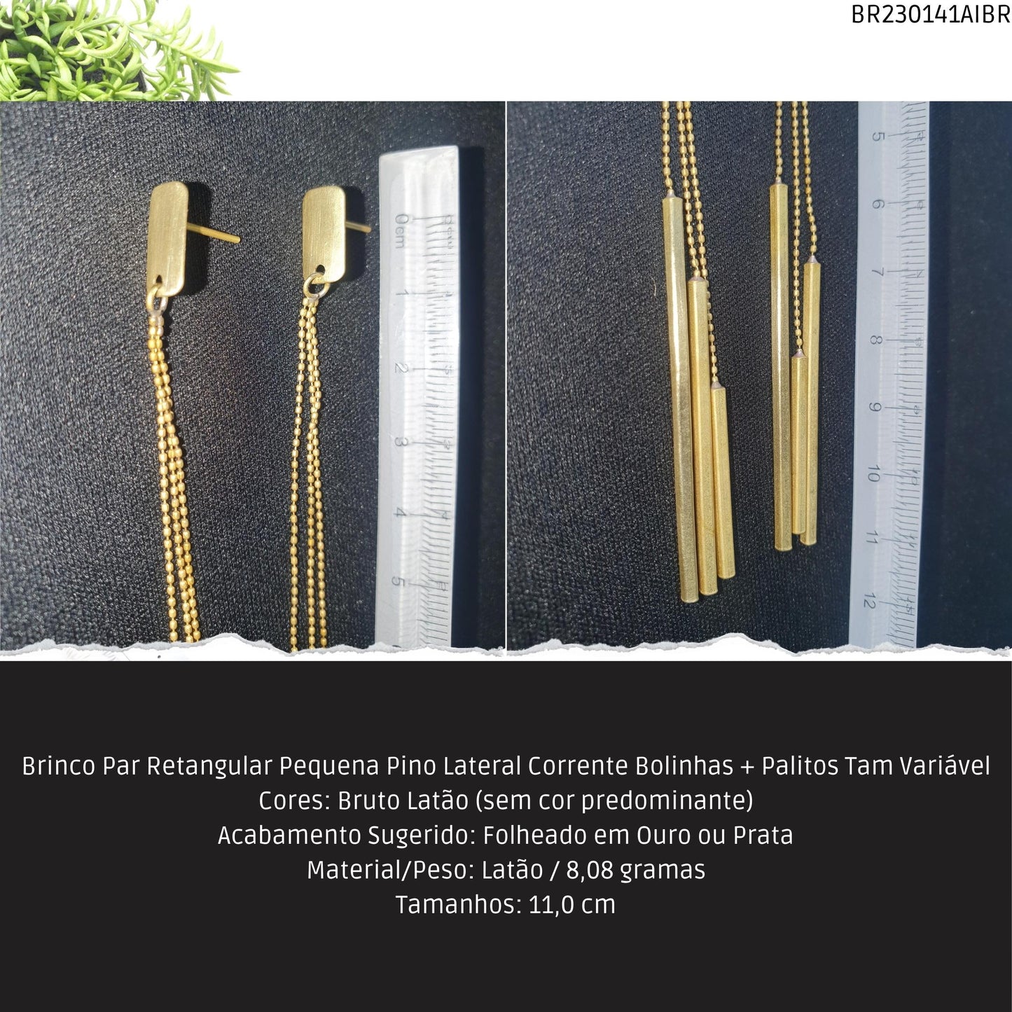 Brinco Par Retangular Pequena Pino Lateral Corrente Bolinhas + Palitos Tam Variável  - Código.: BR230141AIBR  - Peso.: 8.1 gr