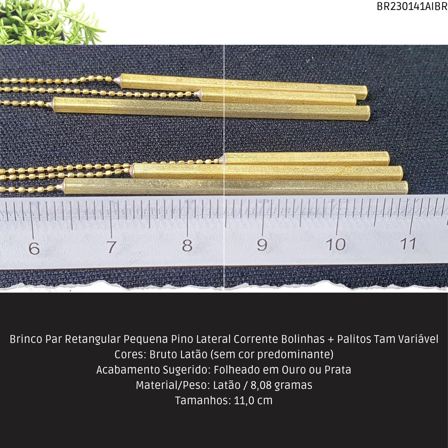 Brinco Par Retangular Pequena Pino Lateral Corrente Bolinhas + Palitos Tam Variável  - Código.: BR230141AIBR  - Peso.: 8.1 gr