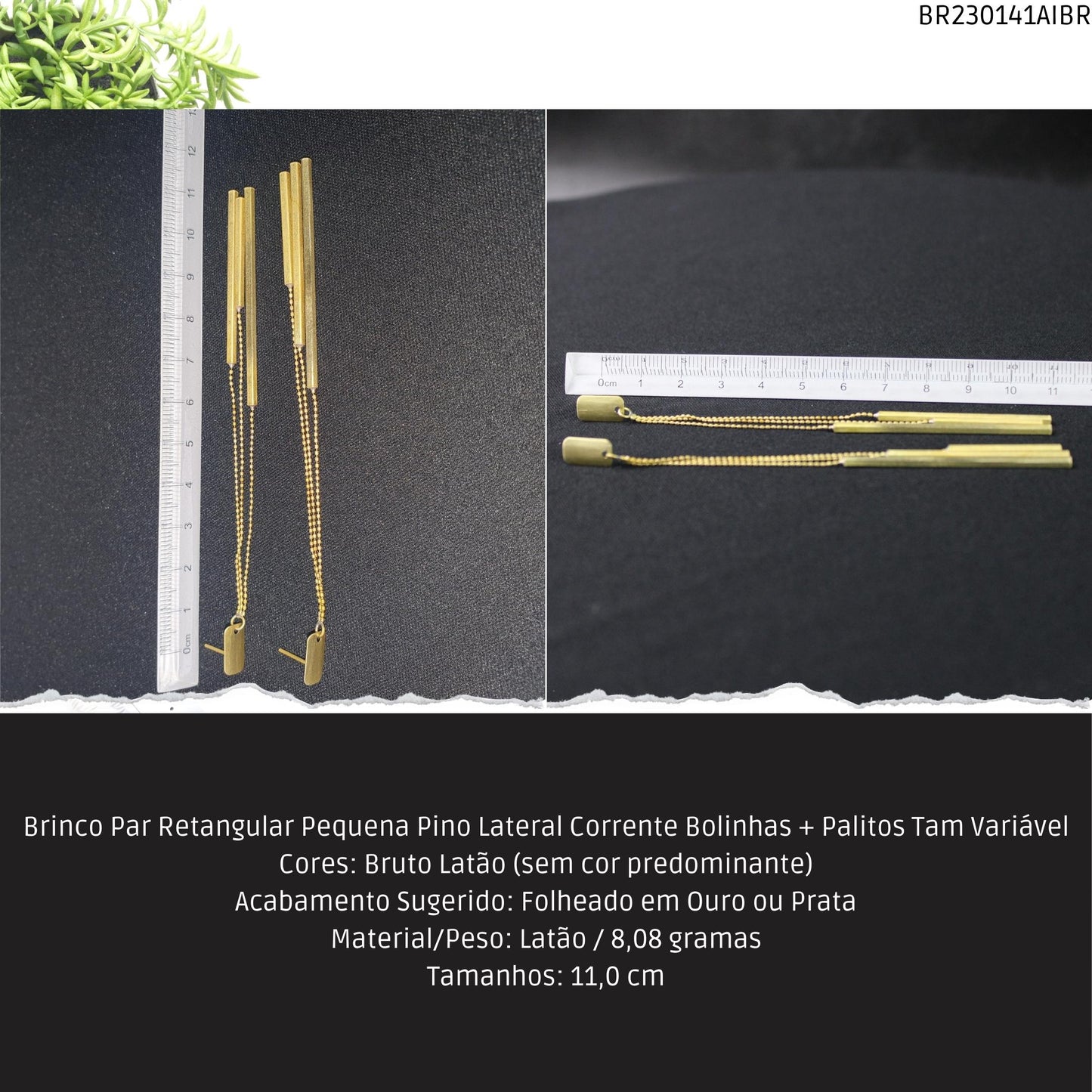 Brinco Par Retangular Pequena Pino Lateral Corrente Bolinhas + Palitos Tam Variável  - Código.: BR230141AIBR  - Peso.: 8.1 gr