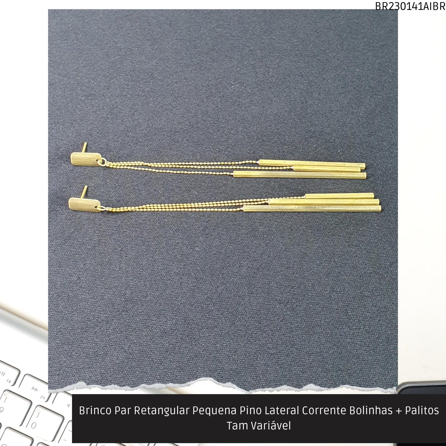 Brinco Par Retangular Pequena Pino Lateral Corrente Bolinhas + Palitos Tam Variável  - Código.: BR230141AIBR  - Peso.: 8.1 gr