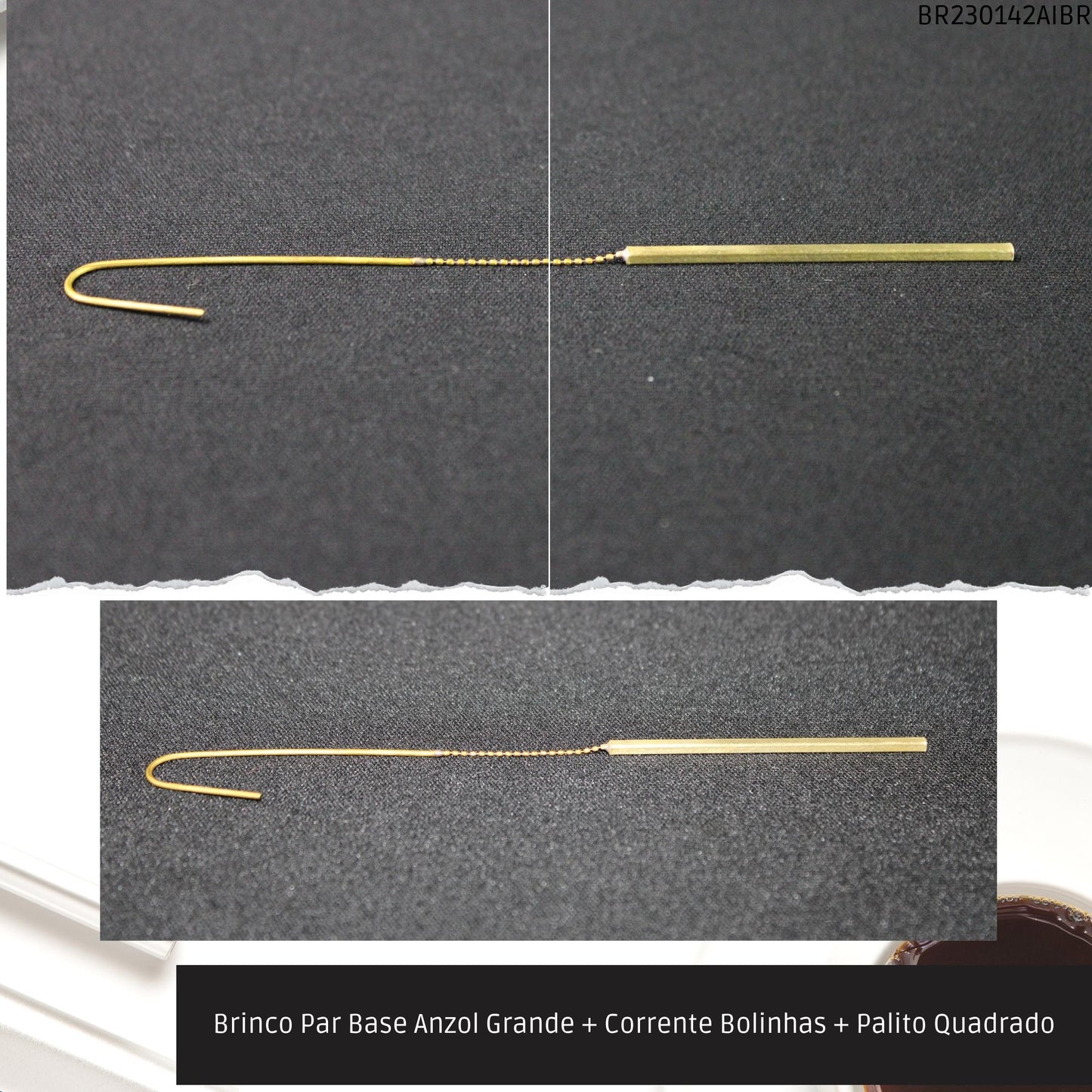 Brinco Par Base Anzol Grande + Corrente Bolinhas + Palito Quadrado  - Código.: BR230142AIBR  - Peso.: 4.0 gr