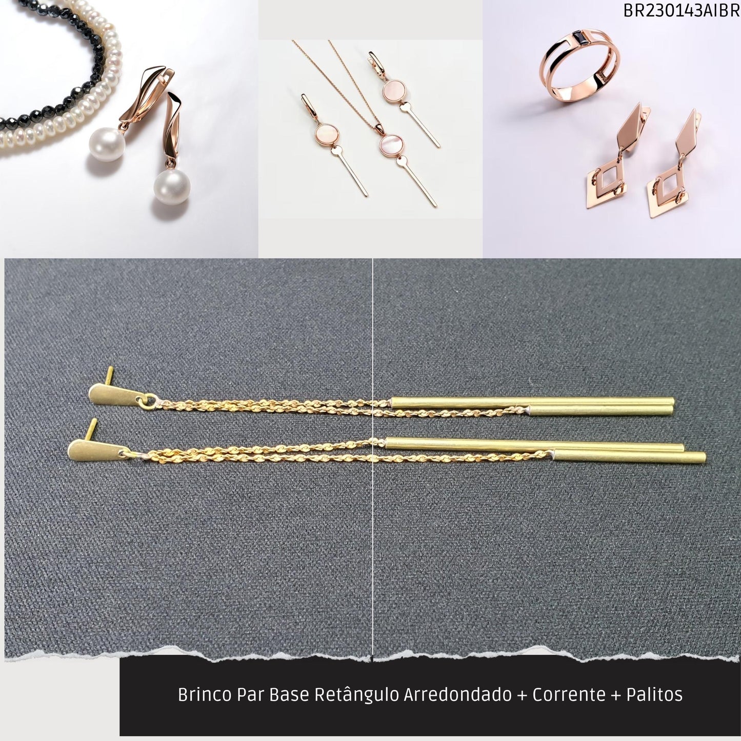 Brinco Par Base Retângulo Arredondado + Corrente + Palitos  - Código.: BR230143AIBR  - Peso.: 5.0 gr