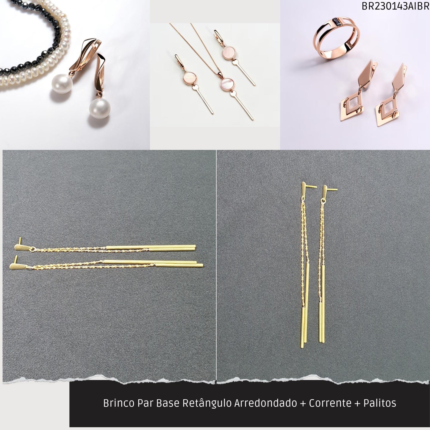 Brinco Par Base Retângulo Arredondado + Corrente + Palitos  - Código.: BR230143AIBR  - Peso.: 5.0 gr