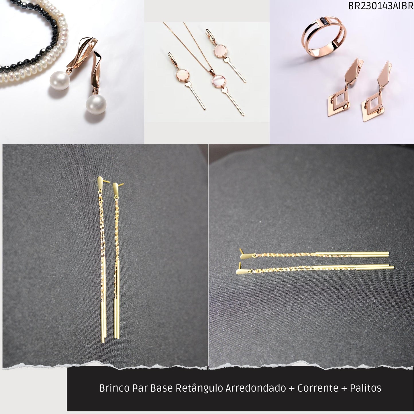 Brinco Par Base Retângulo Arredondado + Corrente + Palitos  - Código.: BR230143AIBR  - Peso.: 5.0 gr