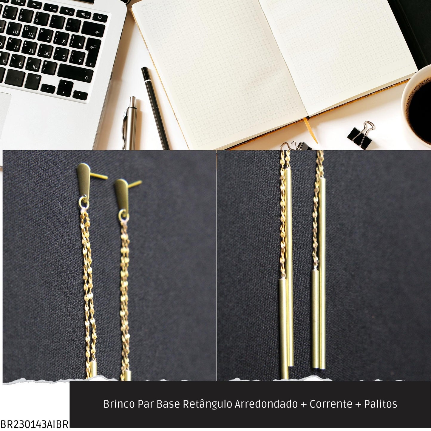 Brinco Par Base Retângulo Arredondado + Corrente + Palitos  - Código.: BR230143AIBR  - Peso.: 5.0 gr