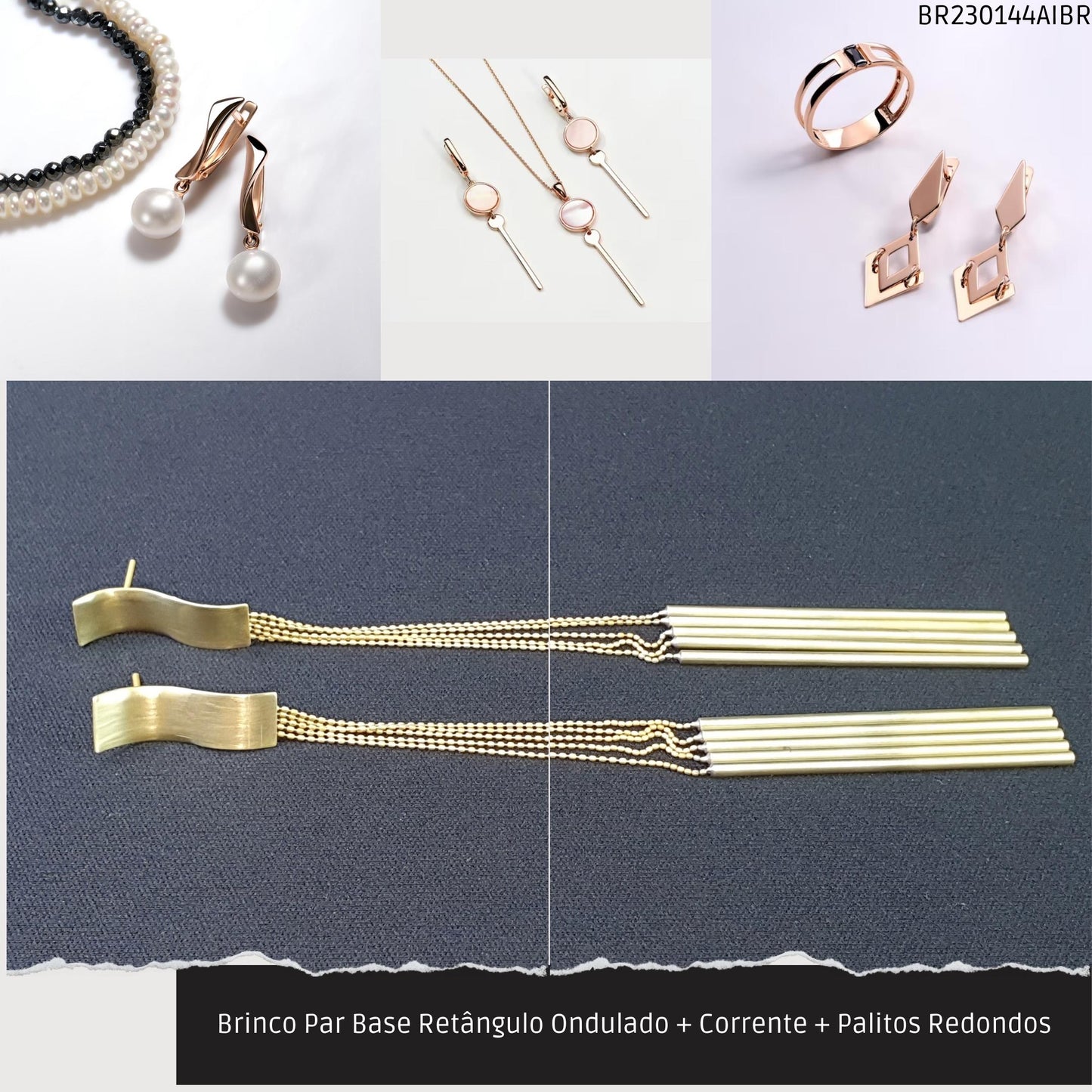 Brinco Par Base Retângulo Ondulado + Corrente + Palitos Redondos  - Código.: BR230144AIBR  - Peso.: 15.7 gr