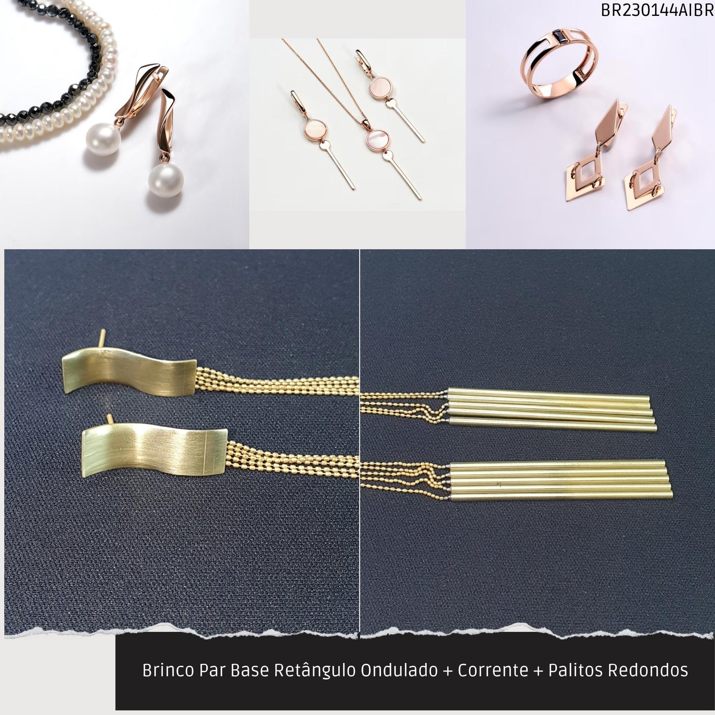 Brinco Par Base Retângulo Ondulado + Corrente + Palitos Redondos  - Código.: BR230144AIBR  - Peso.: 15.7 gr